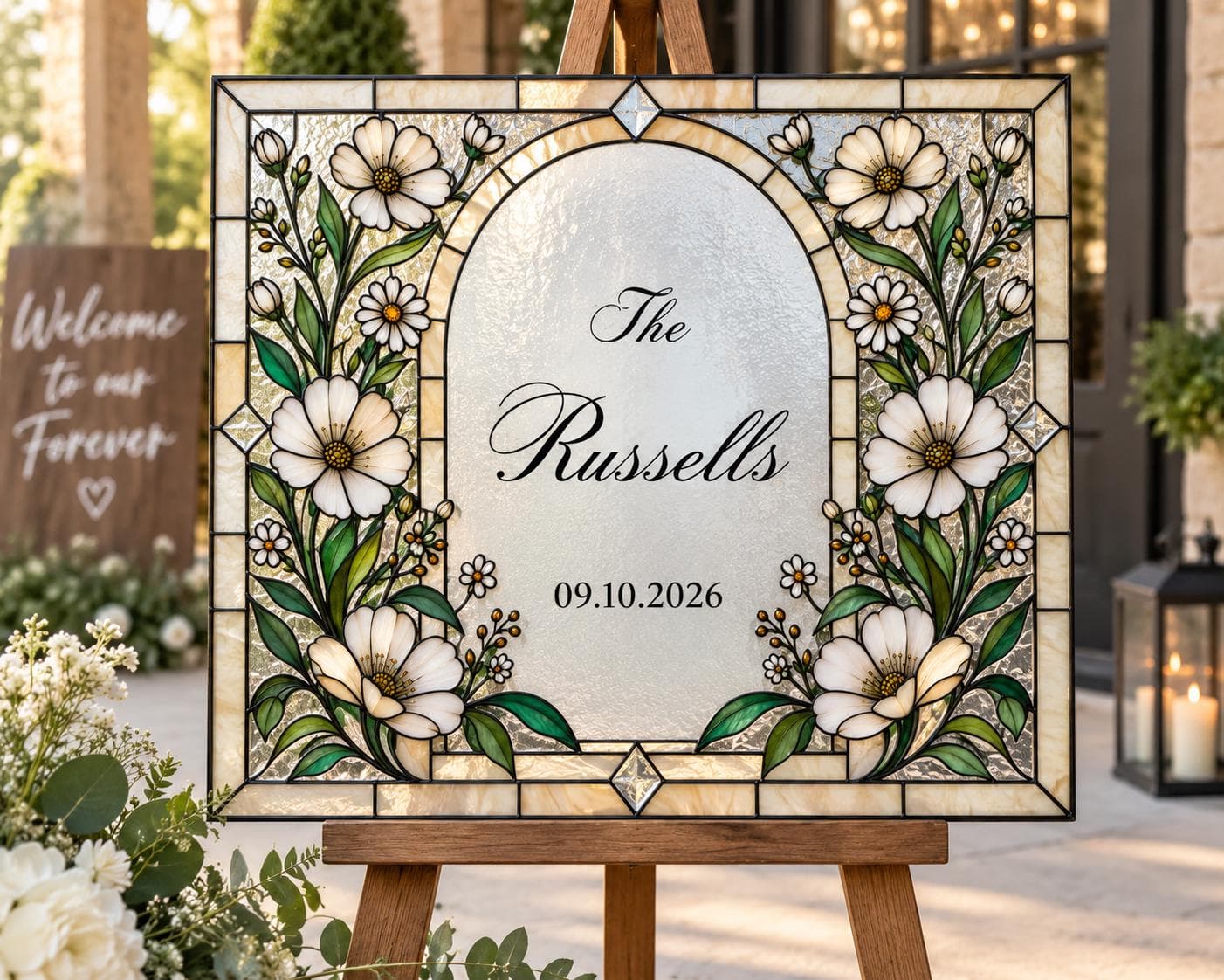 Stained Glass Wildflower Wedding Sign, Editable Family Name Welcome Sign, Landscape Arch Window Printable, Custom Last Name Date