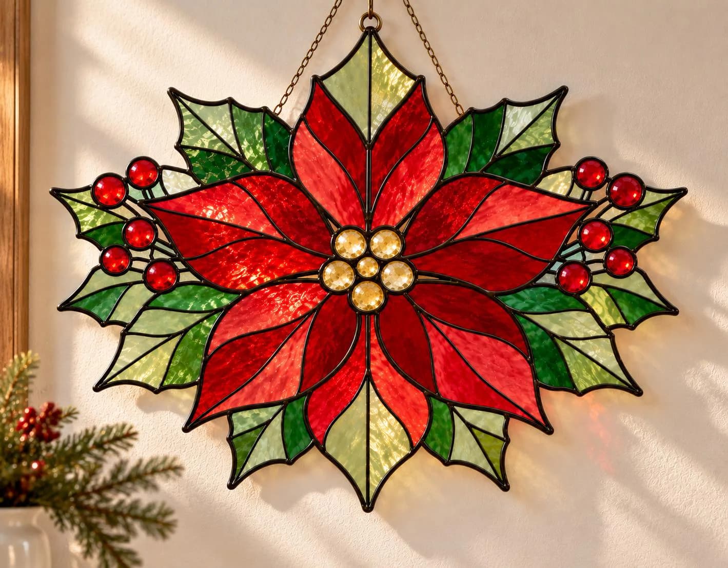 Christmas Poinsettia Stained Glass Pattern | Poinsettia Suncatcher Template | Holiday Window Art | DIY Glass Painting PDF ,Printable Pattern