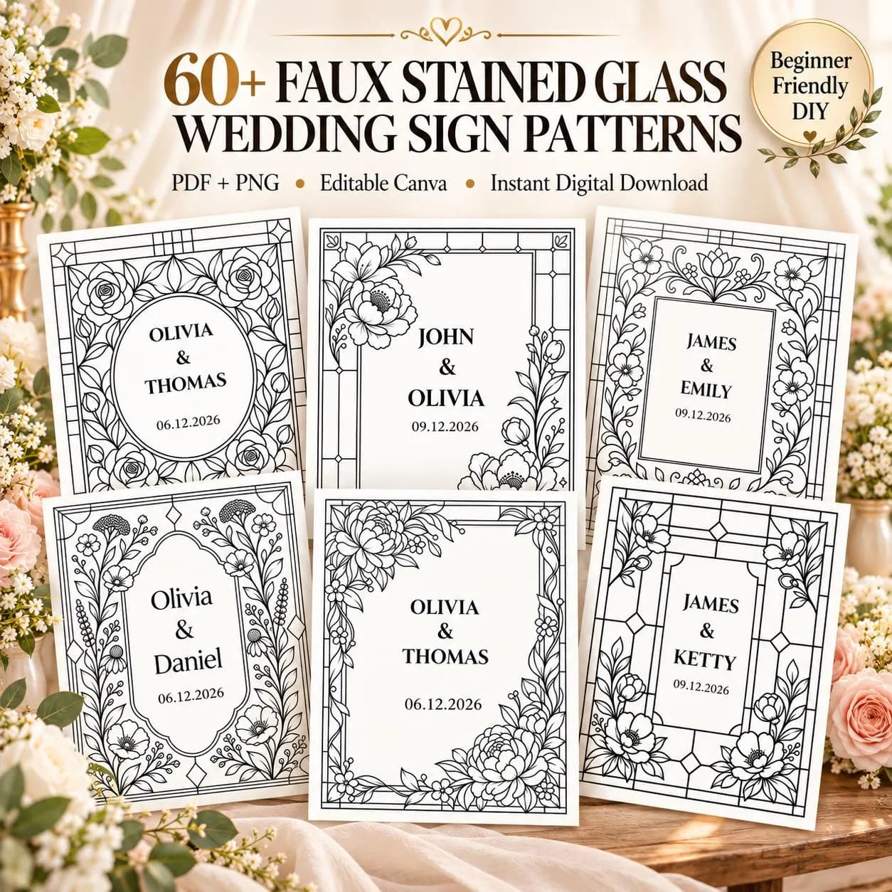 Stained Glass Wedding Sign Patterns Bundle,60+Faux Stained Glass Patterns, Editable Canva, PDF + PNG ,Editable Canva Template,Wedding decor