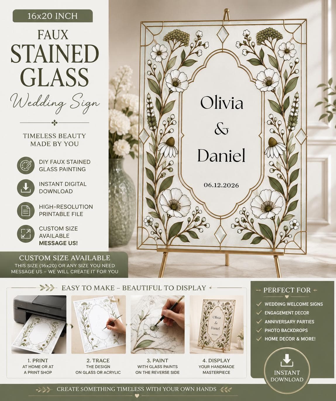 Faux Stained Glass Wedding Welcome Sign, Wildflower Wedding Sign Template, Custom Names & Date, DIY Wedding Decor,Printable Digital Download - image 4