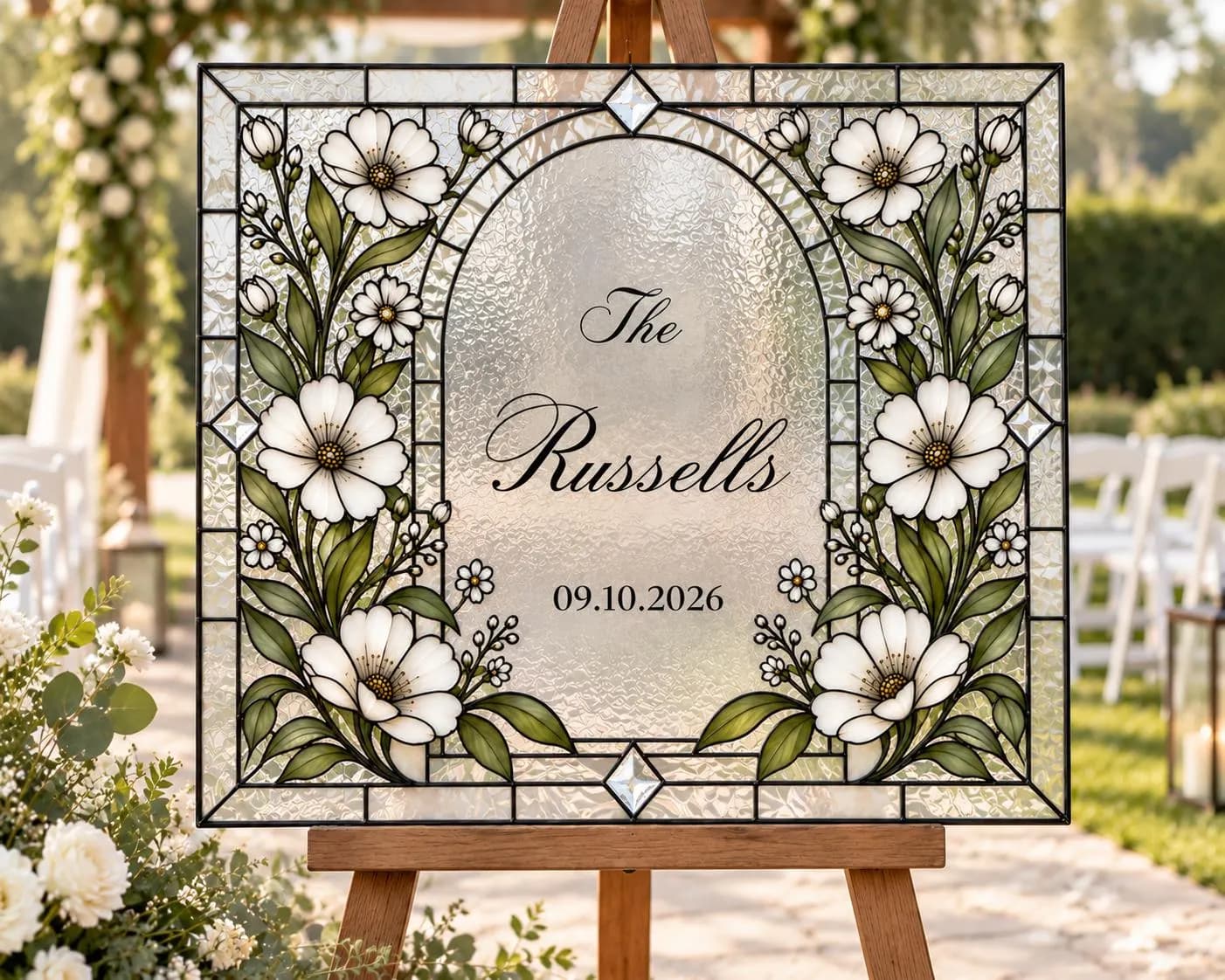 Stained Glass Wildflower Wedding Sign, Editable Family Name Welcome Sign, Landscape Arch Window Printable, Custom Last Name Date - image 5