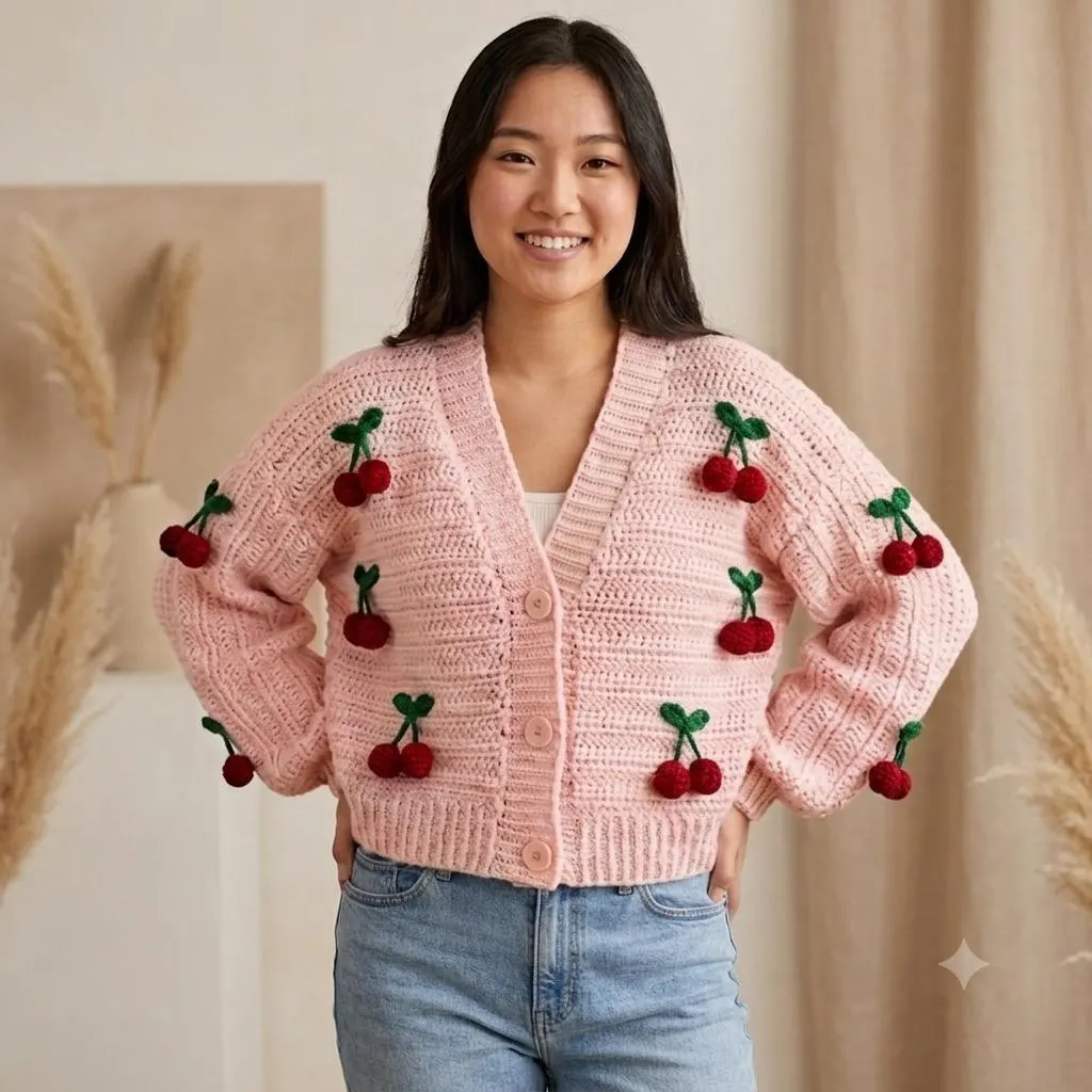 Handmade Crochet Sweater | Cherry Applique Oversized Pullover | Boho Winter Jumper