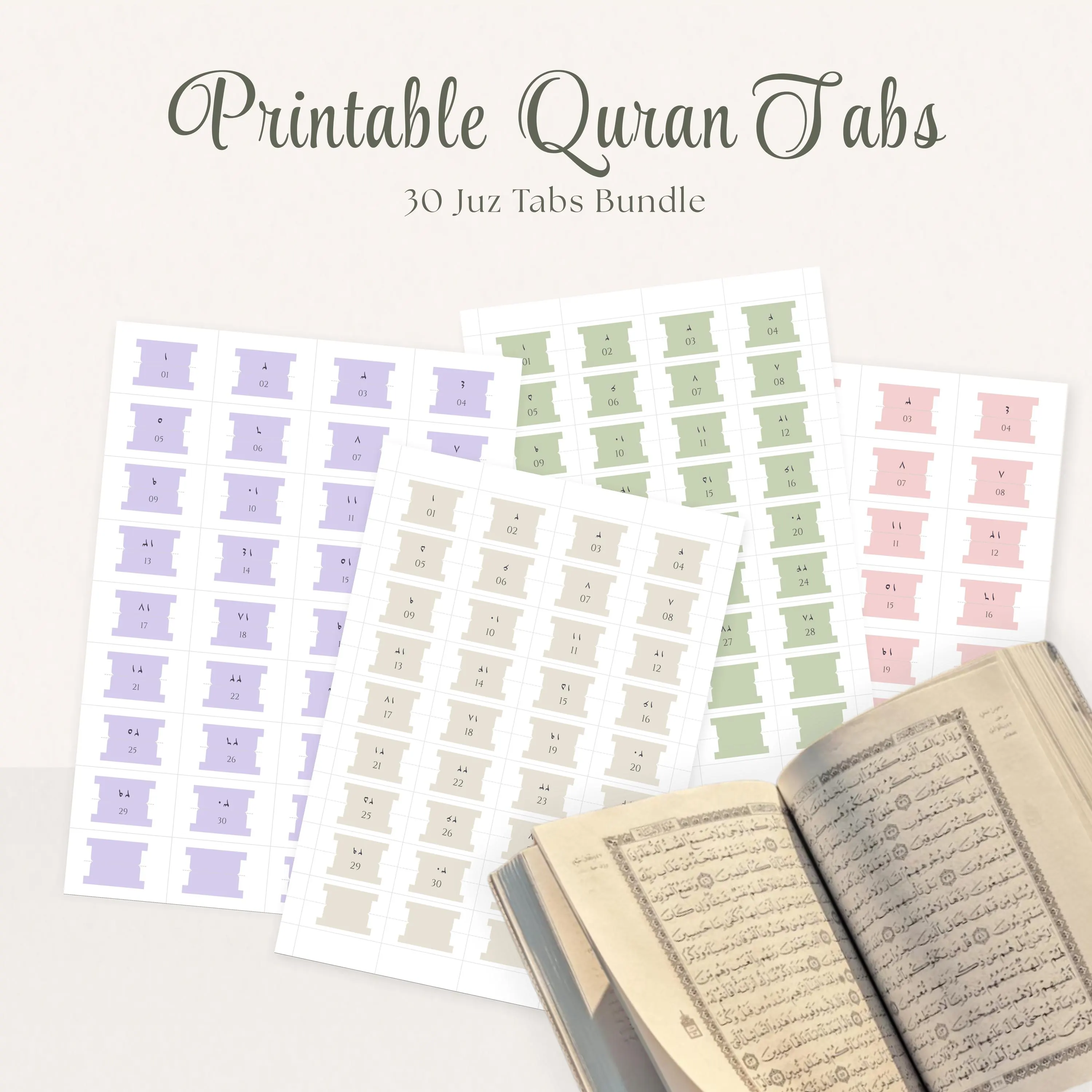 Printable Quran Tabs Bundle – Only JUZ Tabs | Hand-Cut Friendly | 4 Colors