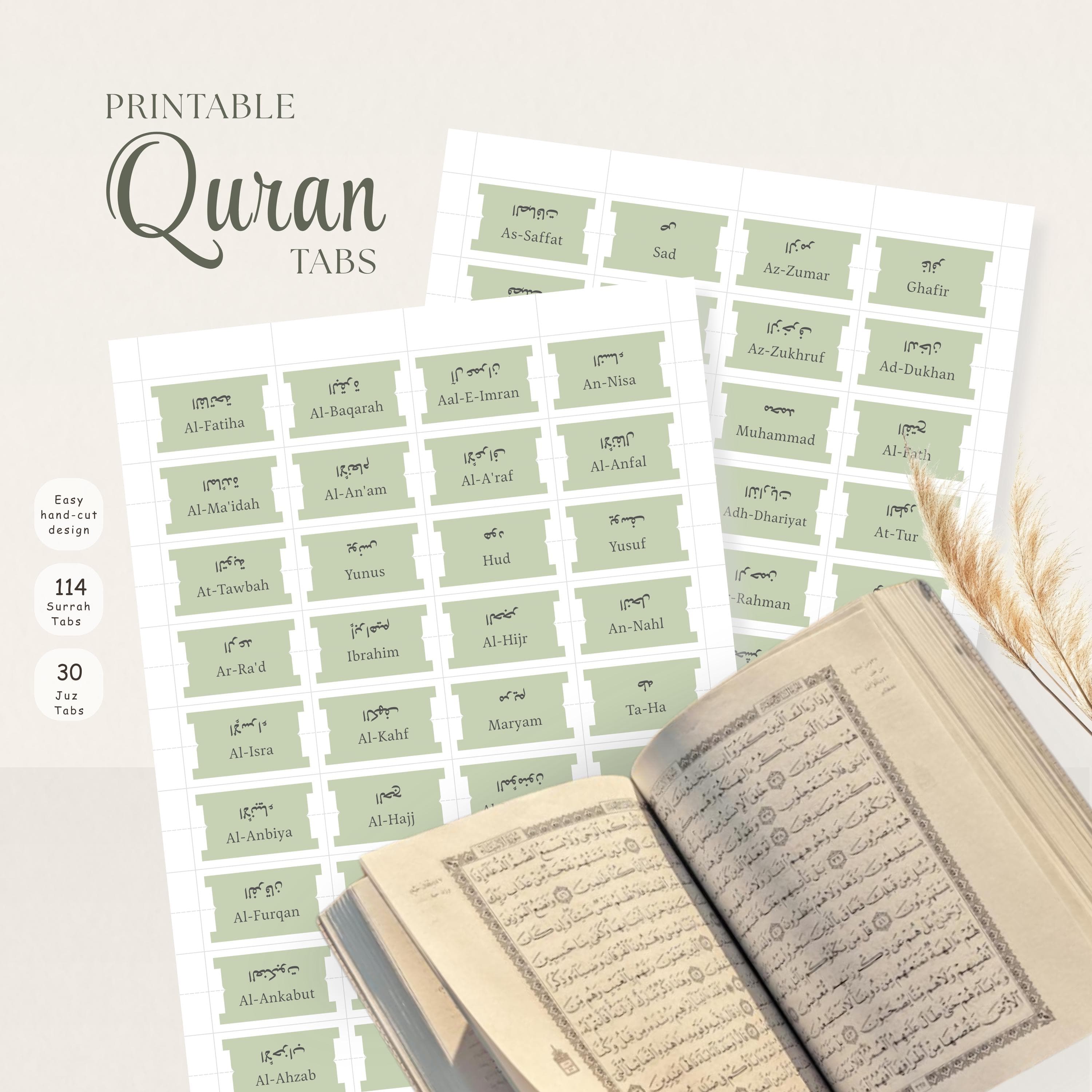 Sage Green Quran Tabs – 114 Surah & 30 Juz Set (Digital Download)