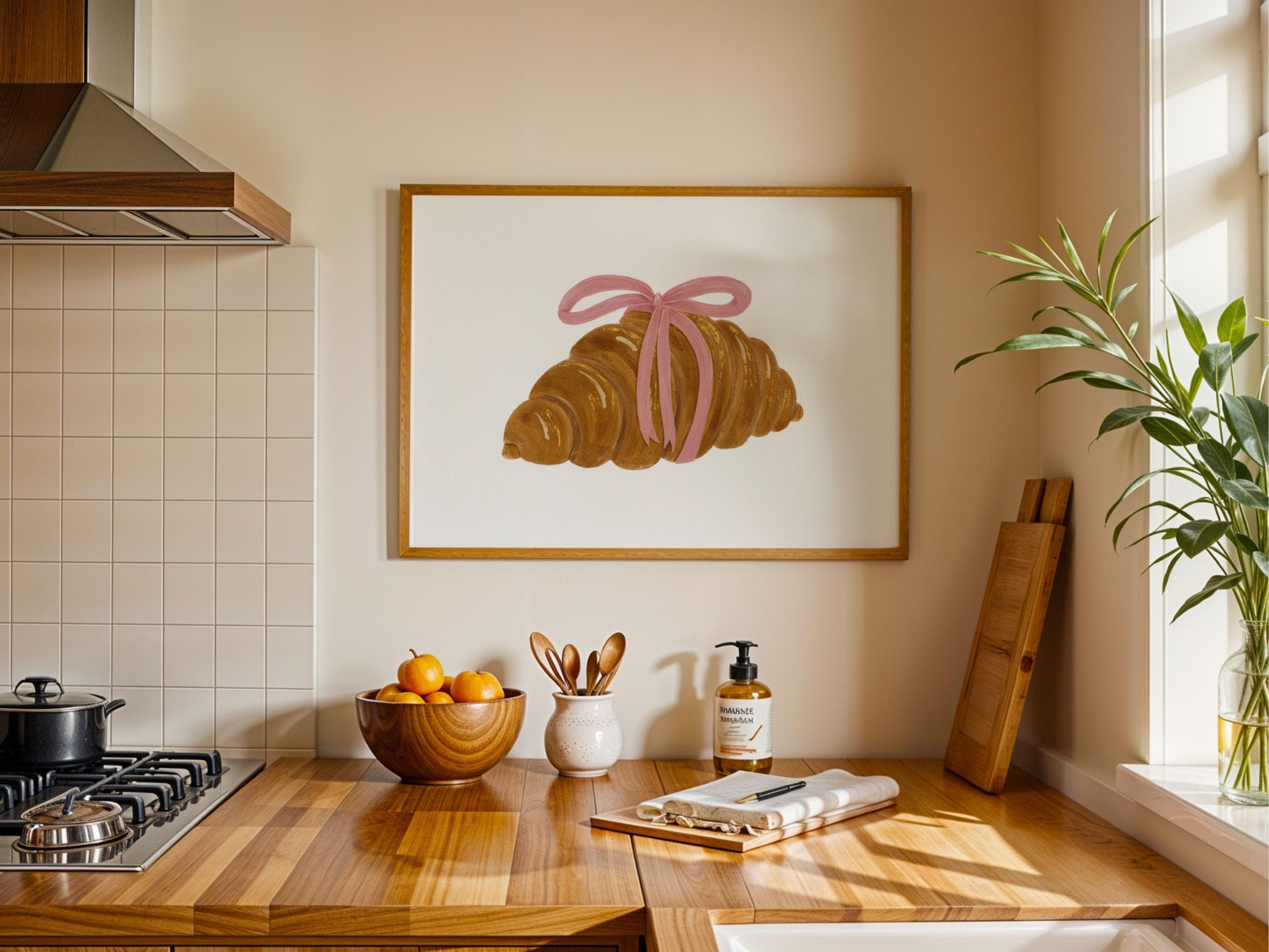 Coquette Croissant Wall Art – Pink Ribbon Croissant Digital Painting, Soft Feminine Kitchen Decor - image 2