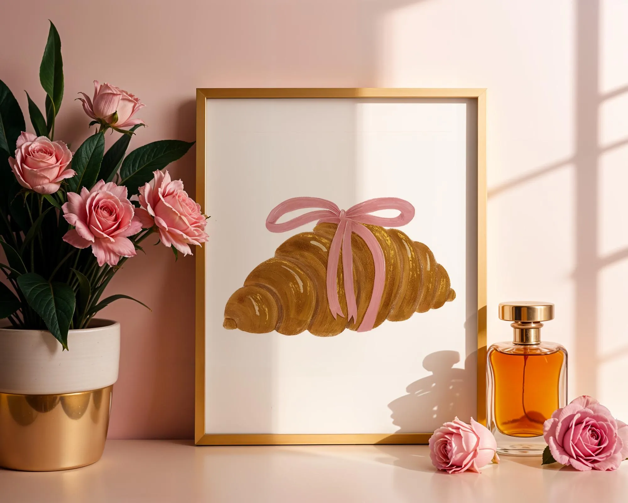 Coquette Croissant Wall Art – Pink Ribbon Croissant Digital Painting, Soft Feminine Kitchen Decor