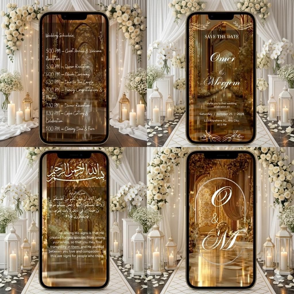 Nikkah Invitation Video, Muslim Wedding, Digital Islamic invitation, Canva Islamic Marriage Mobile Template, Luxury Gold, Arabic Basmala - image 2