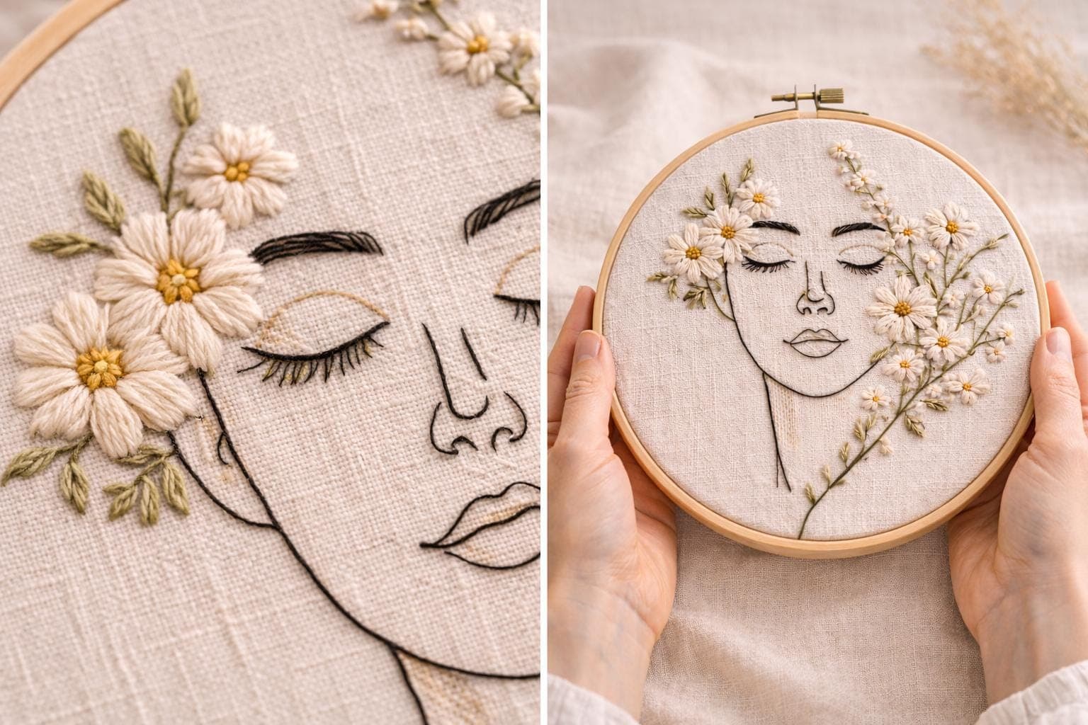 Floral Woman Face Embroidery Hoop Art, Handmade Botanical Wall Decor, Minimalist Female Line Art, Neutral Textile Art Gift - image 3
