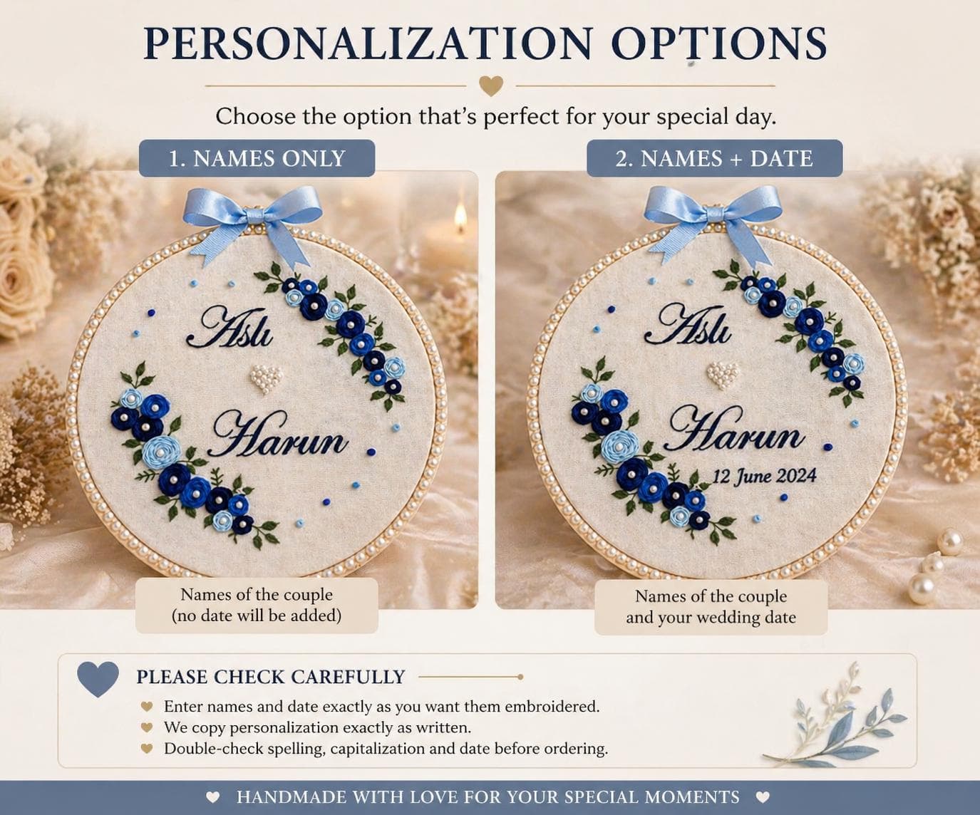Luxury Wedding Embroidery Hoop, Personalized Couple Names & Date, Pearl Wedding Hoop, Bride Groom Gift, Anniversary Keepsake - image 4
