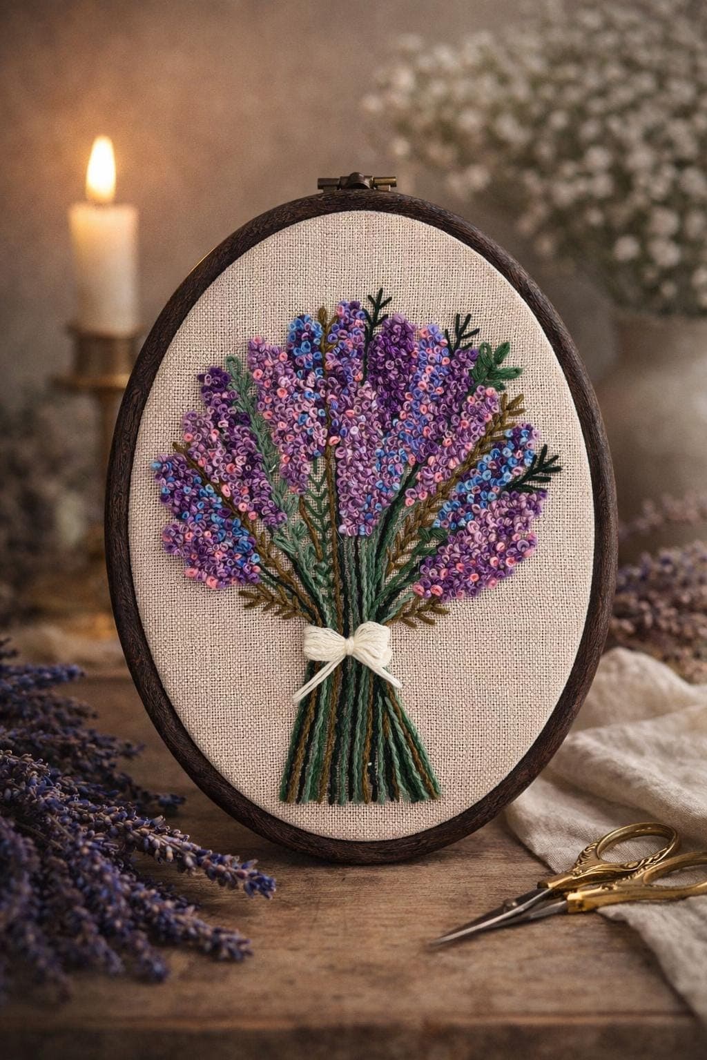 Lavender Embroidery Hoop Wall Art, Handmade Floral Bouquet Decor, Cottagecore Wall Hanging, Botanical Textile Art, Gift for Her