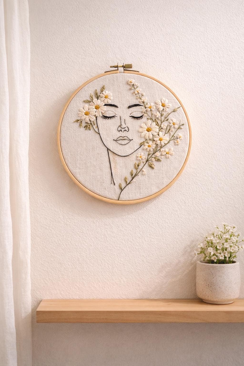 Floral Woman Face Embroidery Hoop Art, Handmade Botanical Wall Decor, Minimalist Female Line Art, Neutral Textile Art Gift - image 4
