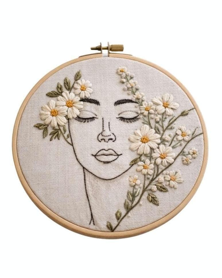 Floral Woman Face Embroidery Hoop Art, Handmade Botanical Wall Decor, Minimalist Female Line Art, Neutral Textile Art Gift
