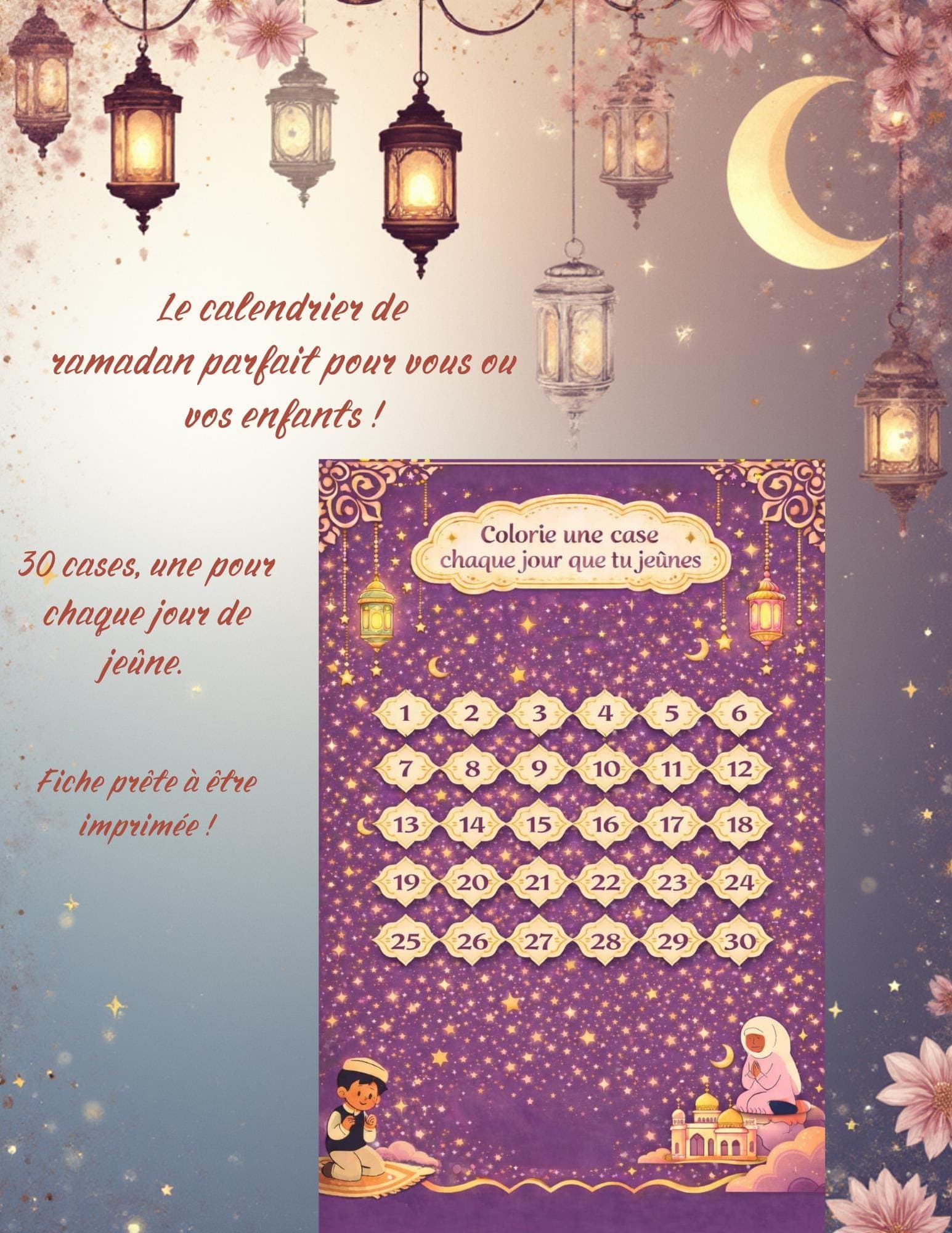 Calendrier Ramadan Enfant à Imprimer – 30 Jours à Colorier | Activité Ludique & Éducative – PDF