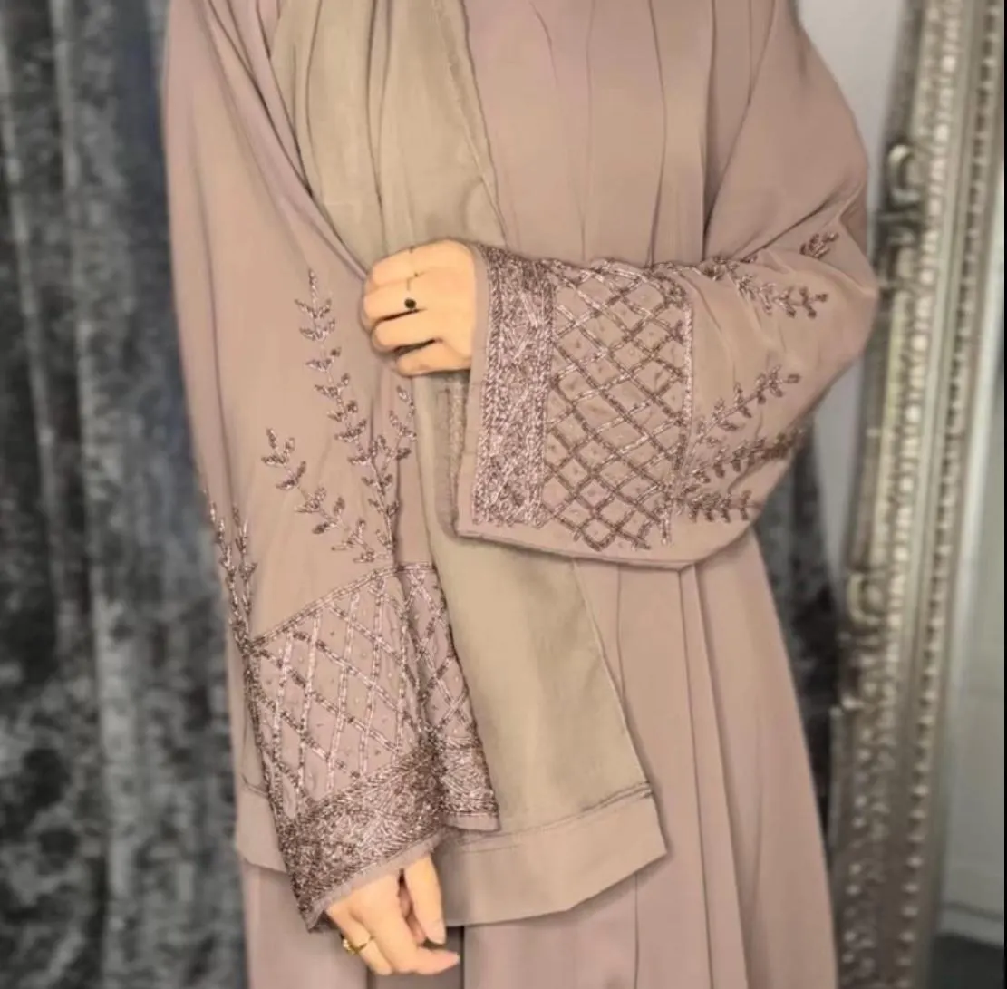Marwa Elegant Brown Abaya with Handwork Design and Matching Hijab