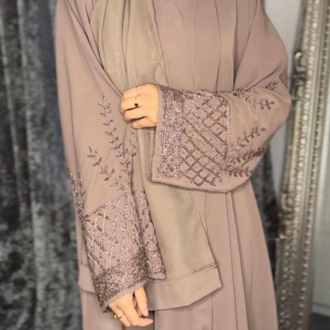 Marwa Elegant Brown Abaya with Handwork Design and Matching Hijab - image 4