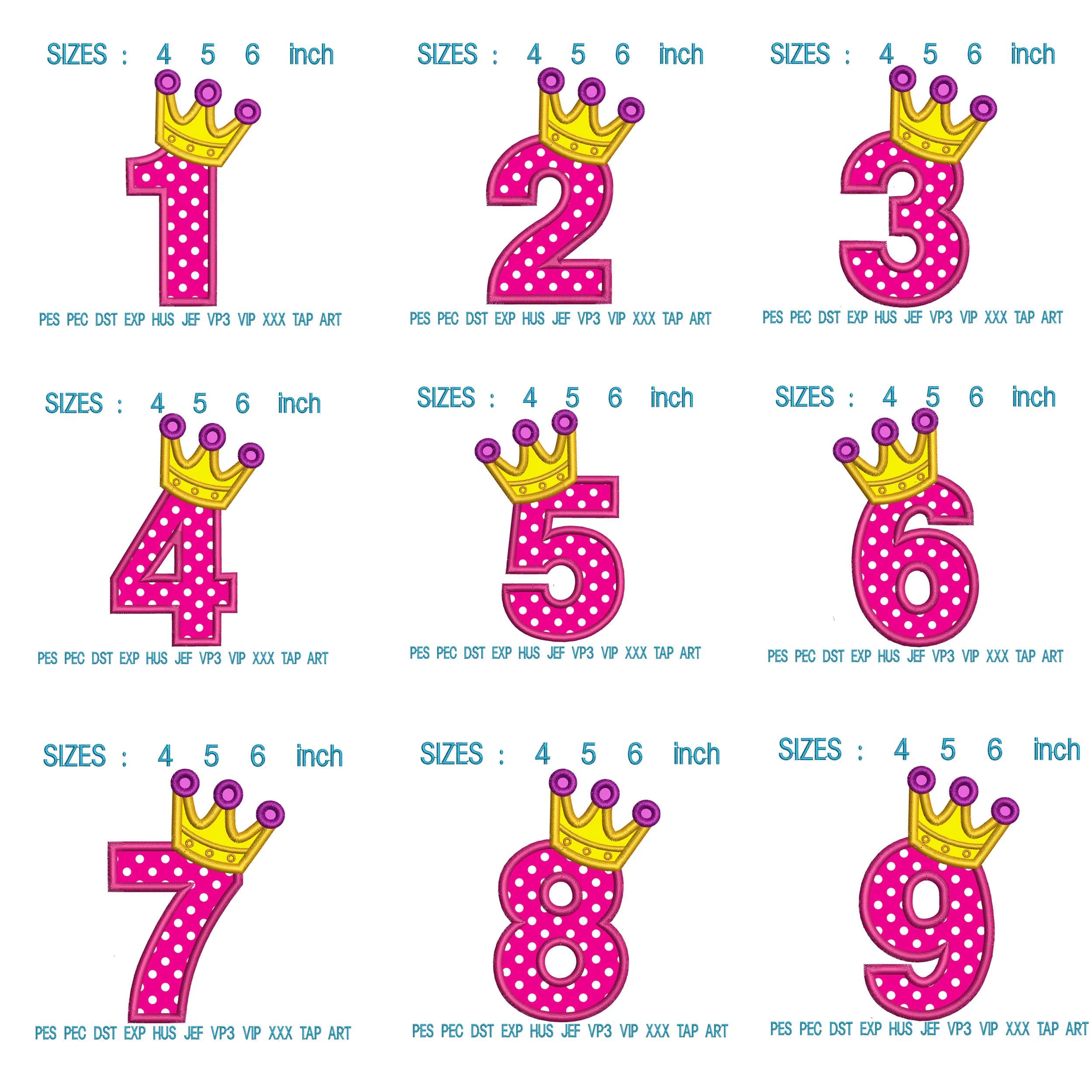 Princess Crown Birthday Numbers 1–9 Applique Embroidery Bundle | Girl Royal Shirt Designs PES DST