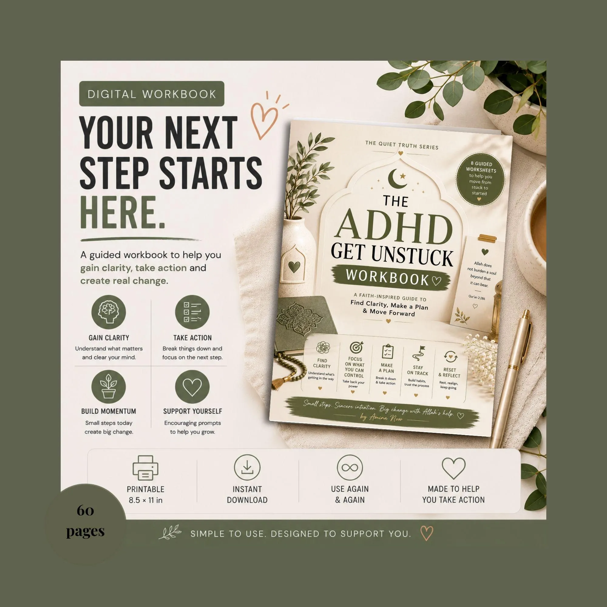 Muslim ADHD Get Unstuck Workbook | Islamic ADHD Planner | Printable PDF