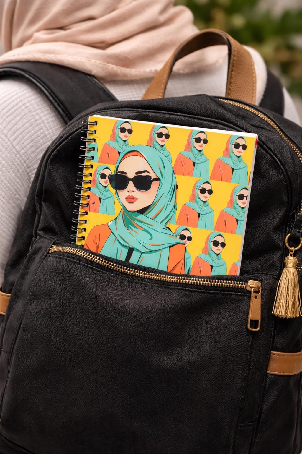 May include: A black backpack with a gold zipper and a decorative tassel. A spiral-bound notebook with a repeating illustration of a woman wearing sunglasses and a hijab is in the front pocket. The notebook has a yellow background.