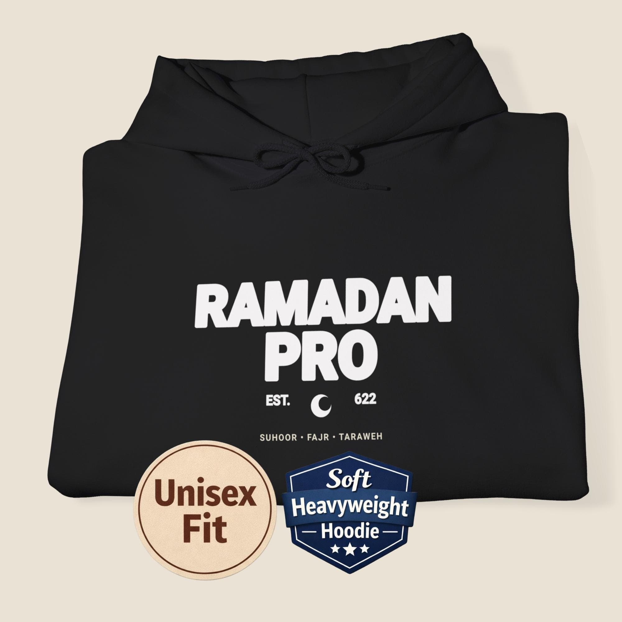 Black unisex Ramadan Pro hoodie with bold white typography, folded hoodie mockup for Muslim Ramadan apparel.