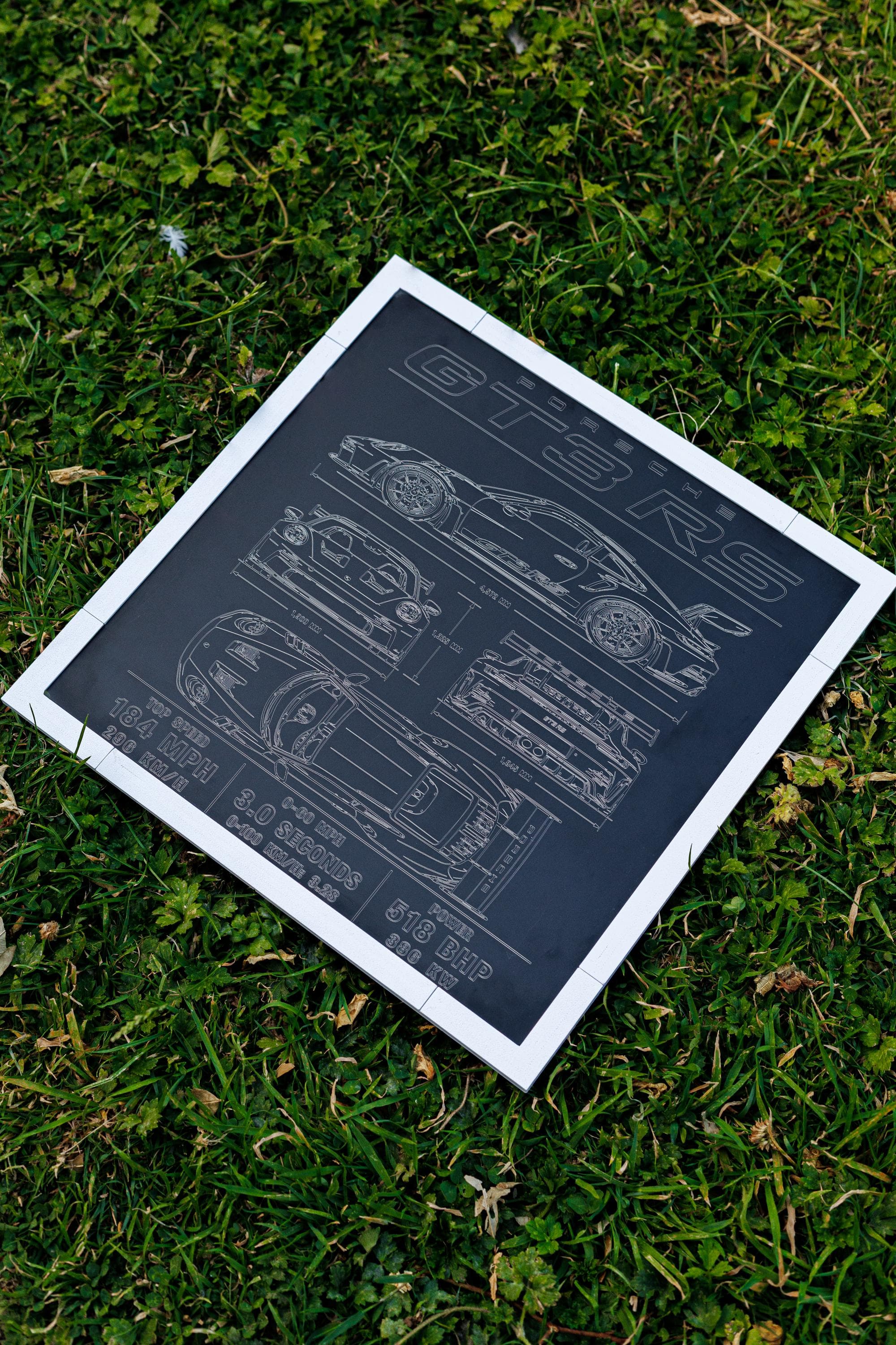 Porsche 911 GT3 RS Blueprint Plaque, Engraved Aluminium Car Art, Garage Decor