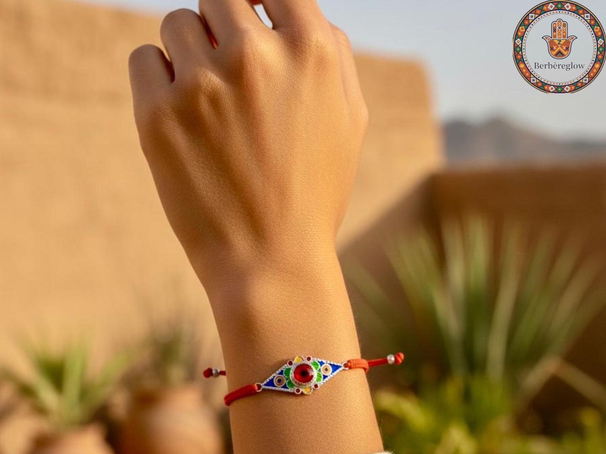 Berber Evil Eye Bracelet -Handmade Moroccan Cord Bracelet with Enamel Silver Charm for women  - BerbereGlow™