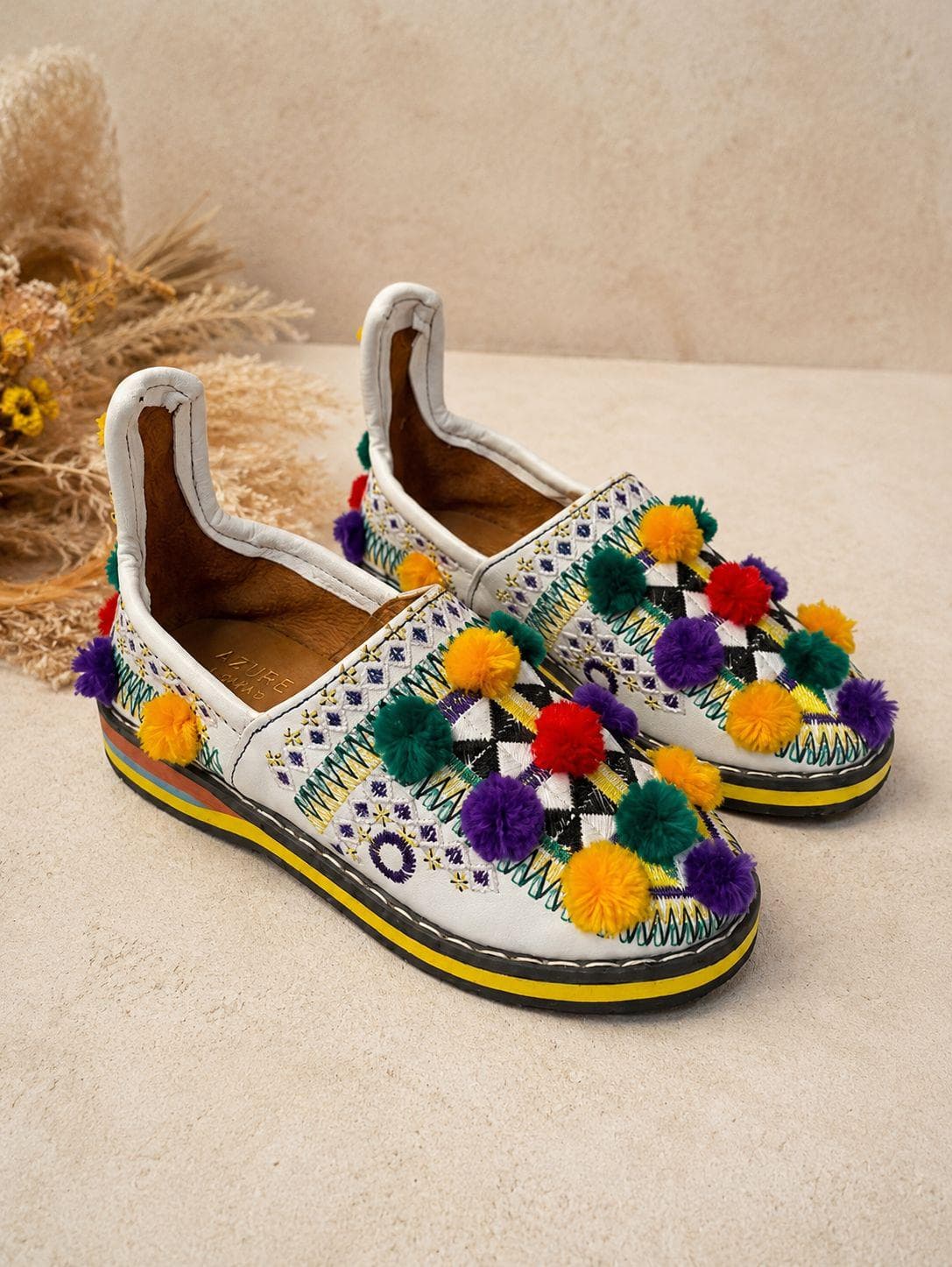 Colorful Moroccan Babouches | Handmade Berber Slippers | Boho Pom Pom Shoes | Moroccan Leather Flats | Ethnic Handmade Shoes