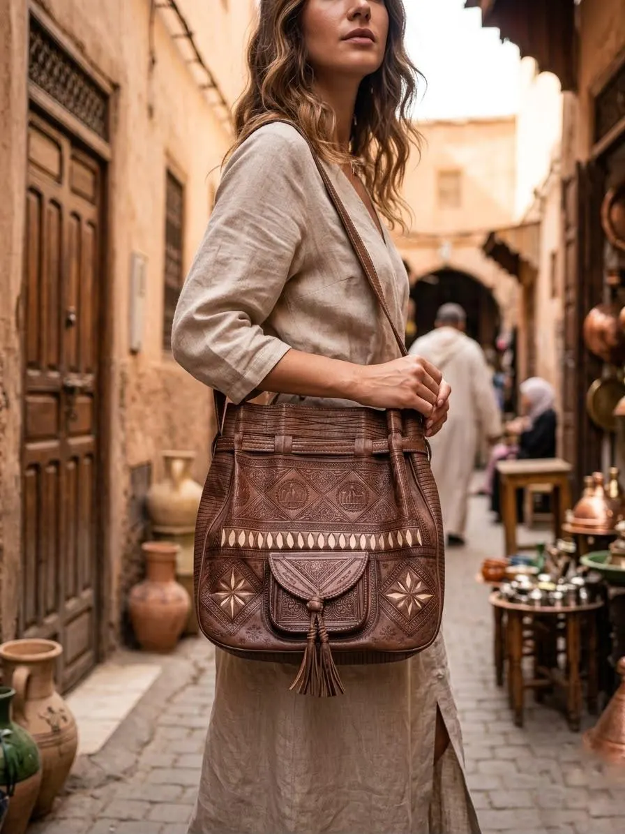 Handmade Moroccan Leather Backpack, Vintage Engraved Berber Shoulder Bag, Genuine Leather Rucksack, Boho Travel Bag, Artisan Gift for Her