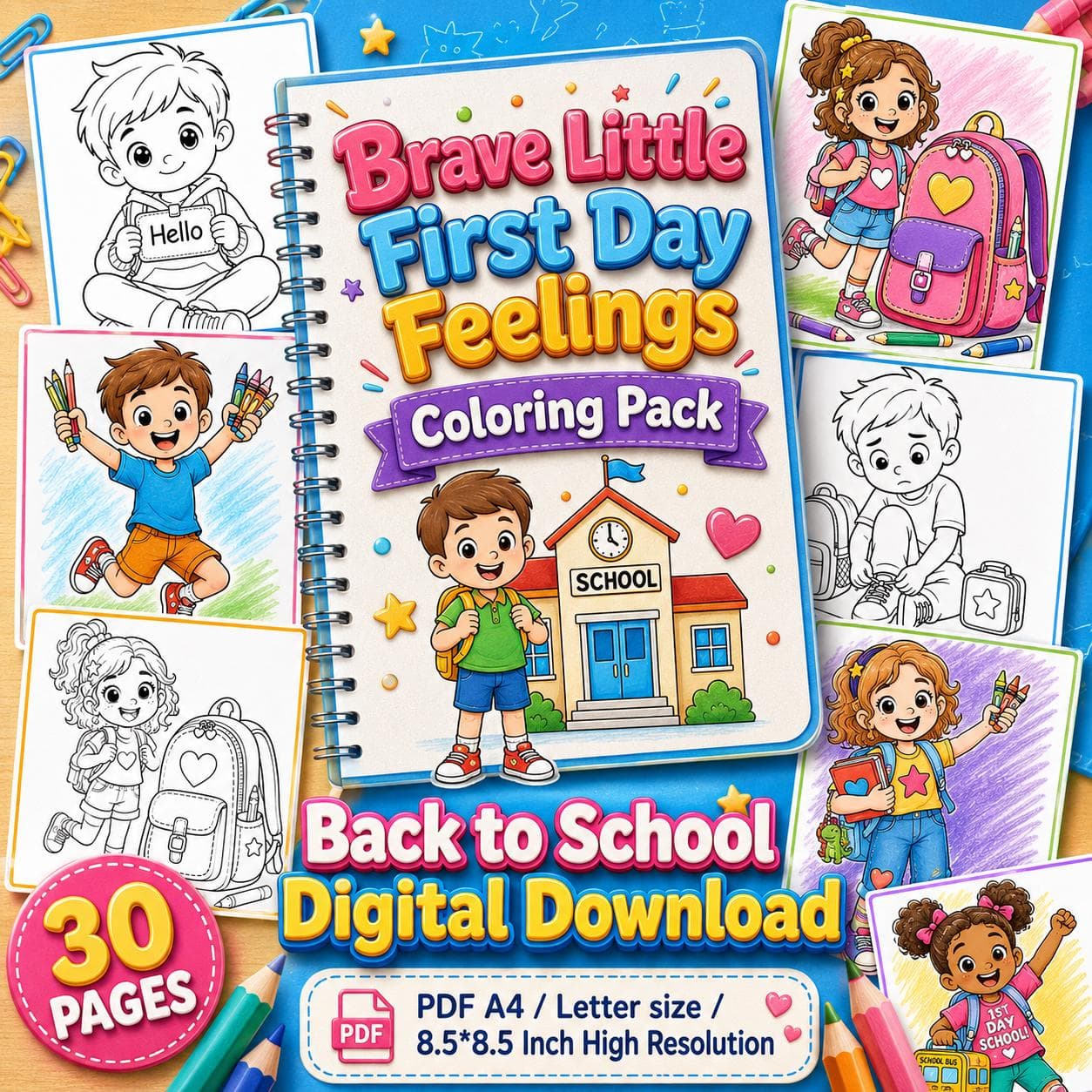 First Day Feelings Coloring Book, Back to School SEL Printable Pages (Digital Download)