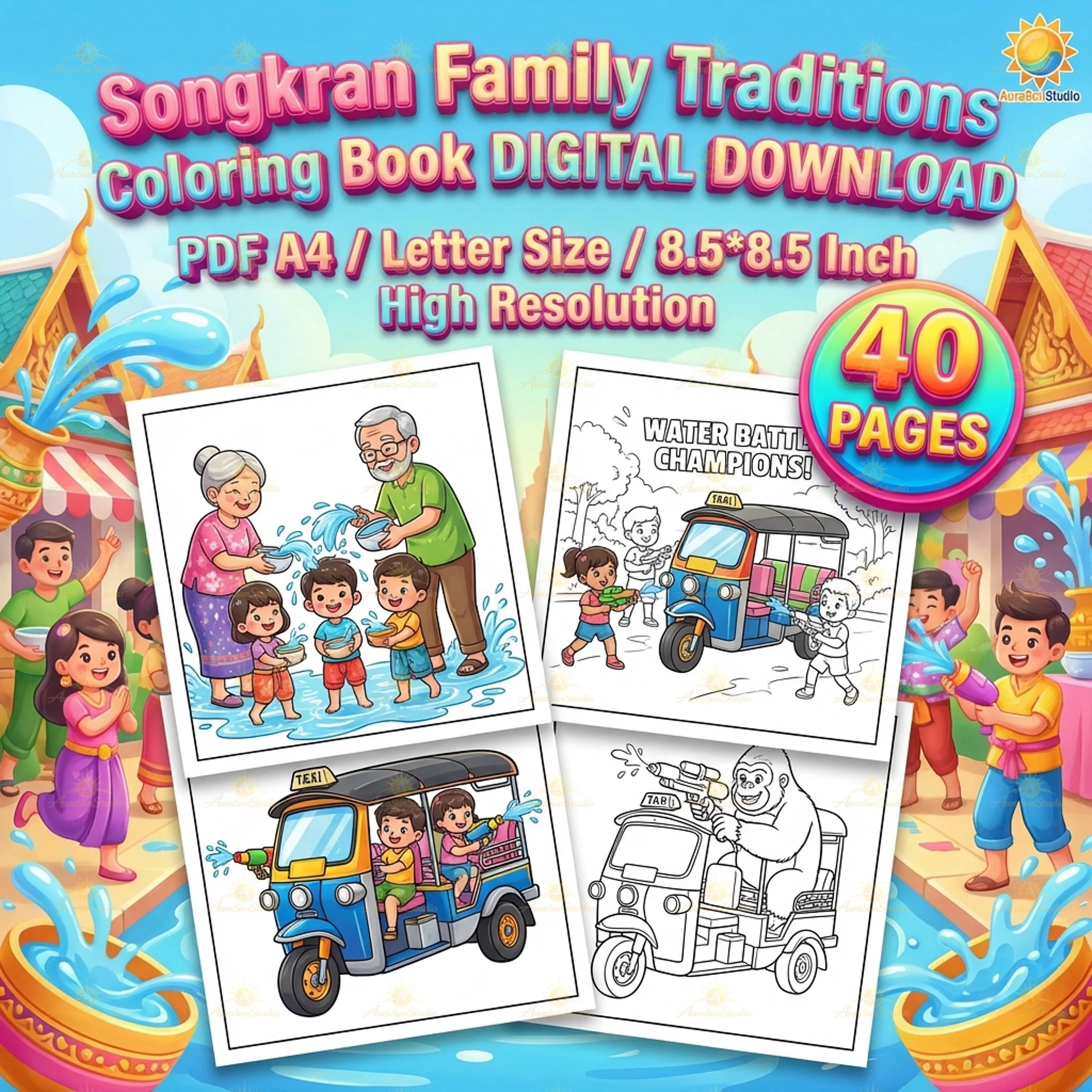 40 Songkran Festival Coloring Pages, Thai Water Festival Kids Activity (Digital PDF) - image 5