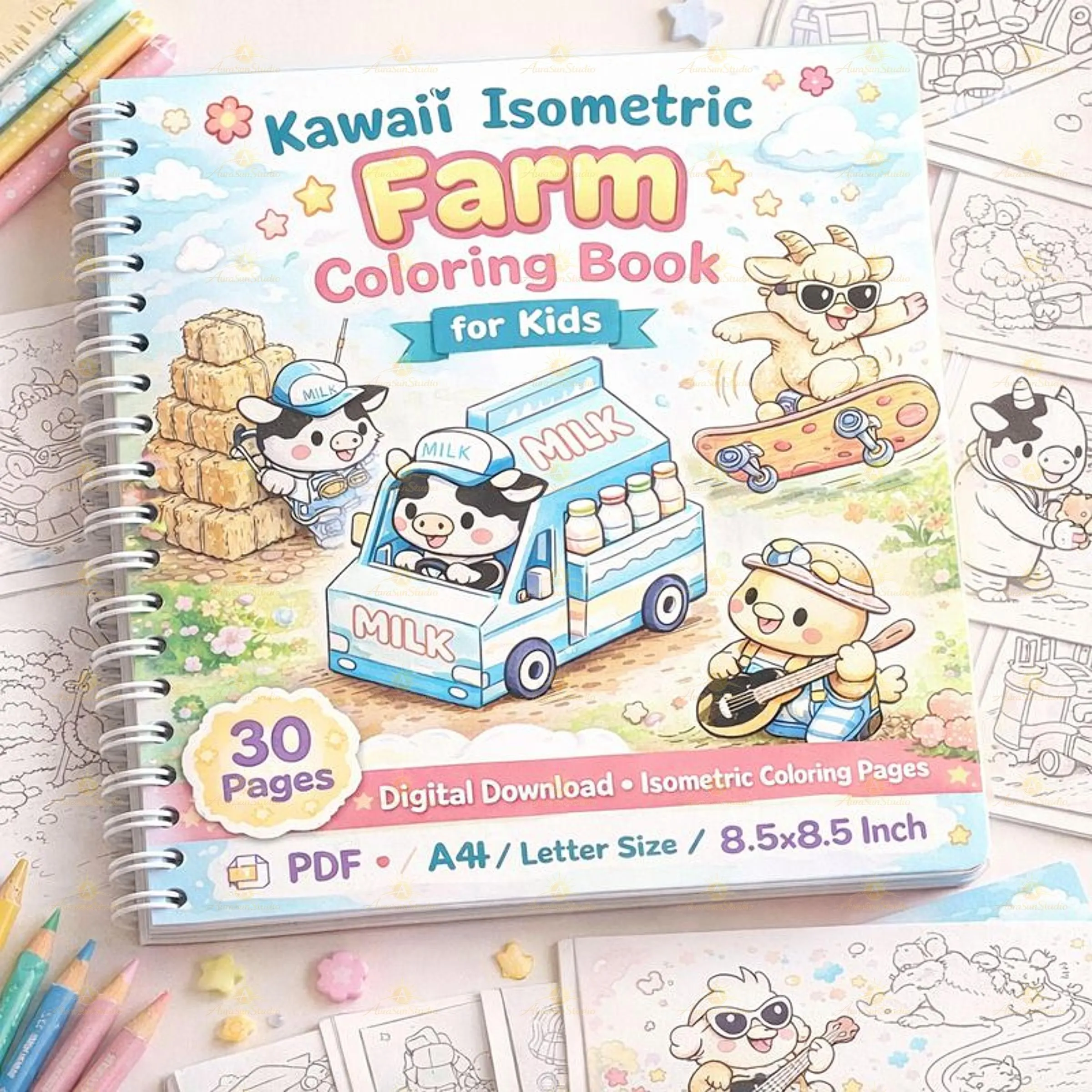 Kawaii Farm Animals Coloring Book | Isometric Activity Pages (PDF Download A4/Letter/8.5x8.5