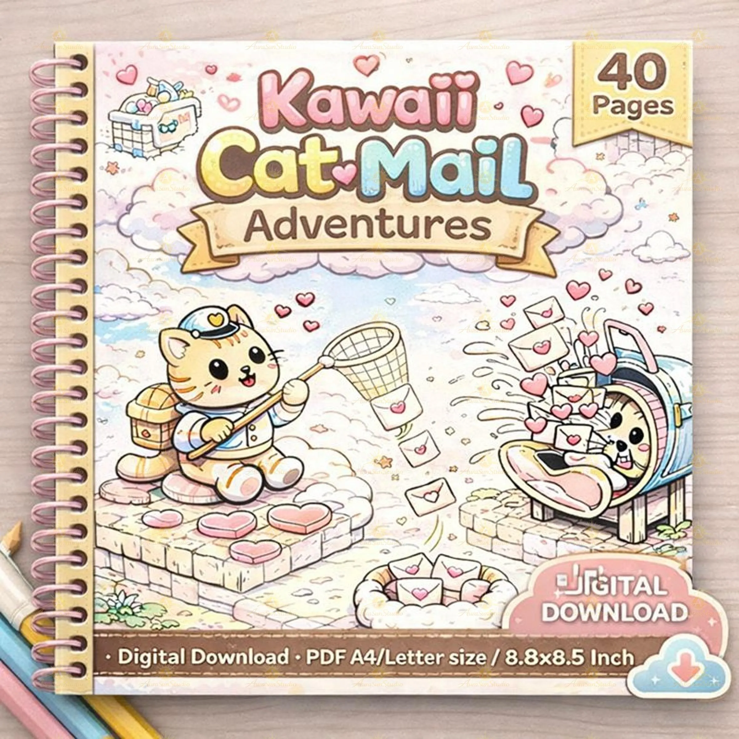 Kawaii Cat Mail Coloring Book – 40 Isometric Scenes (PDF Download A4/Letter/8.5x8.5 inch)