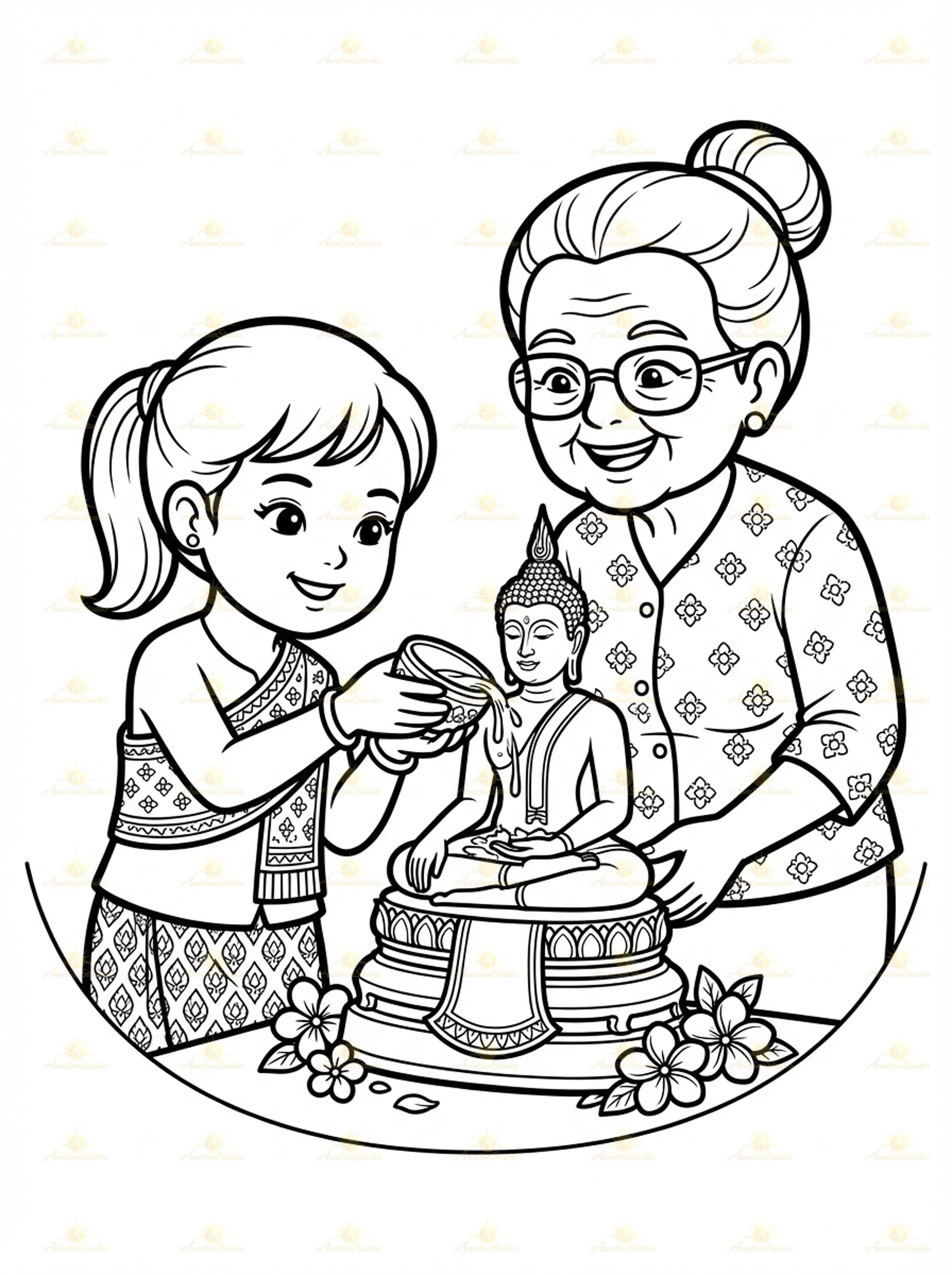 40 Songkran Festival Coloring Pages, Thai Water Festival Kids Activity (Digital PDF)