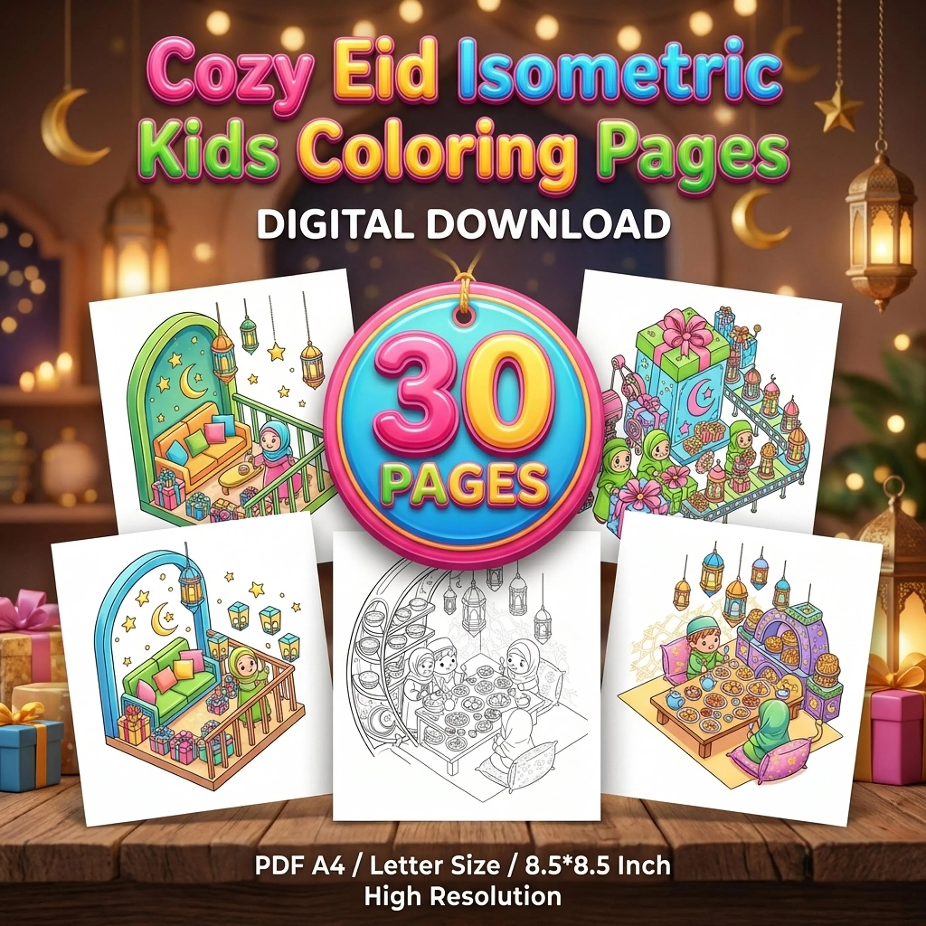 30 Cozy Eid Isometric Kids Coloring Pages (Digital Download PDF)