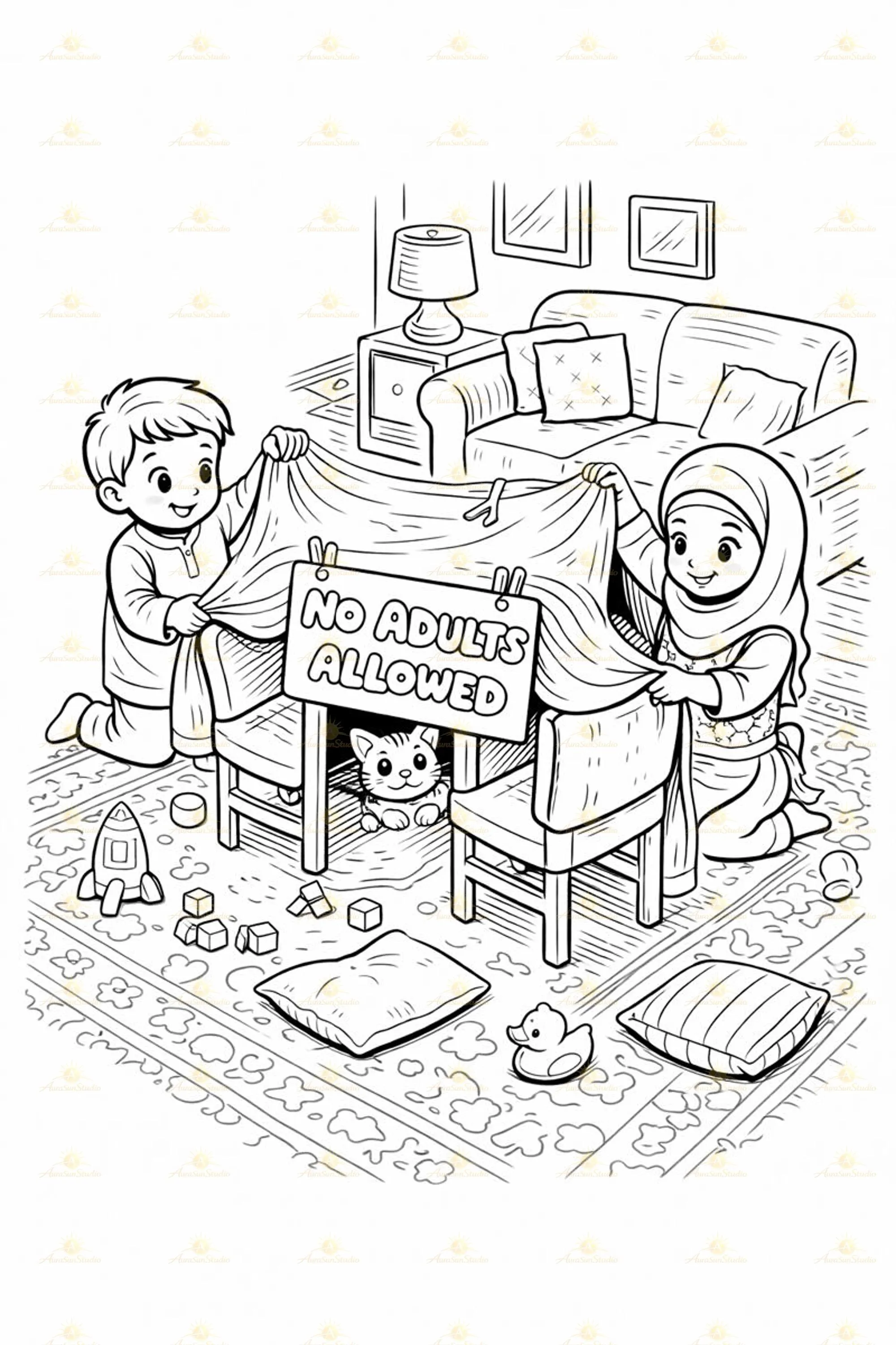 Isometric Muslim Kids Coloring Pages Printable PDF