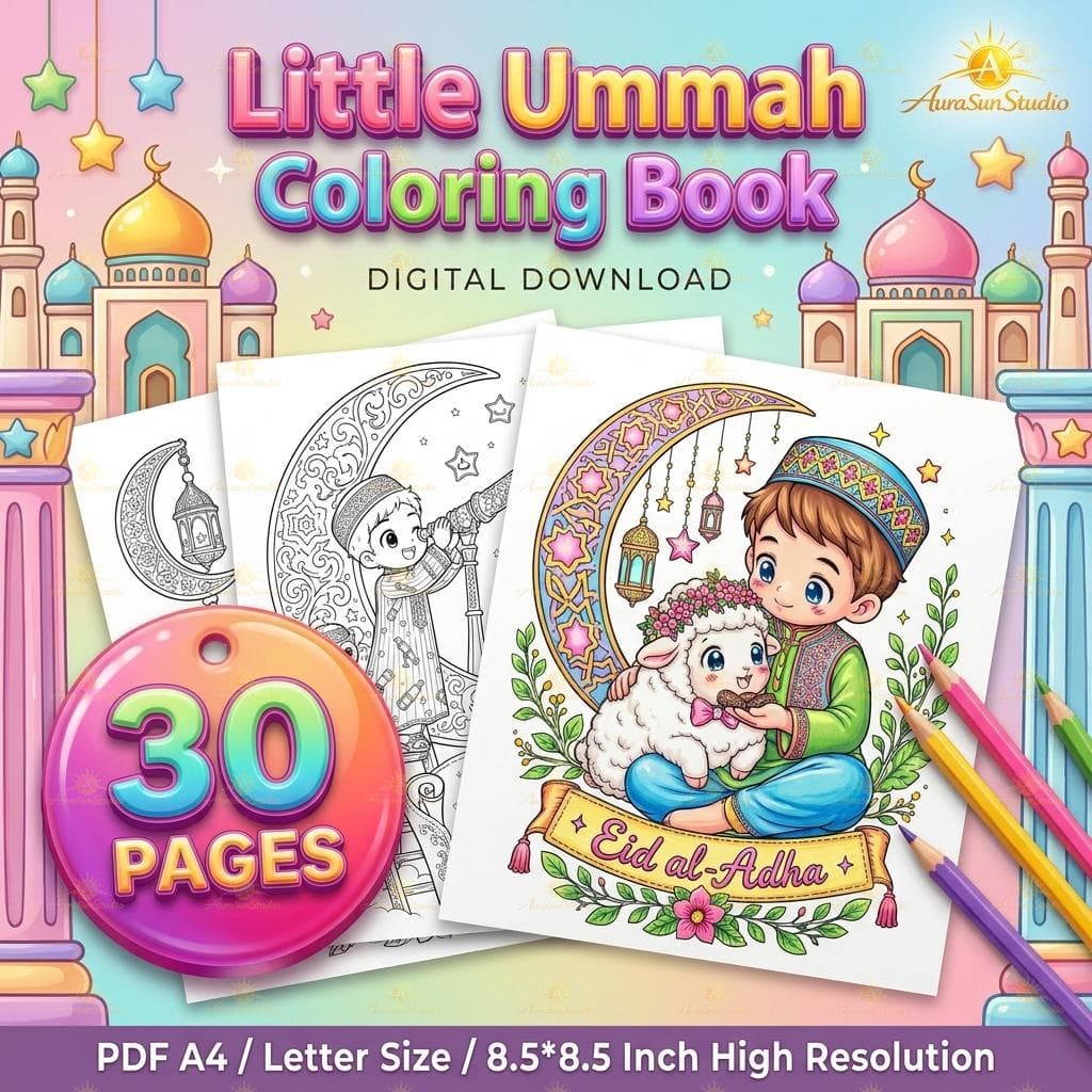 Islamic Kawaii Coloring Book for Kids | 30 Ramadan Eid Pages (Digital Download)