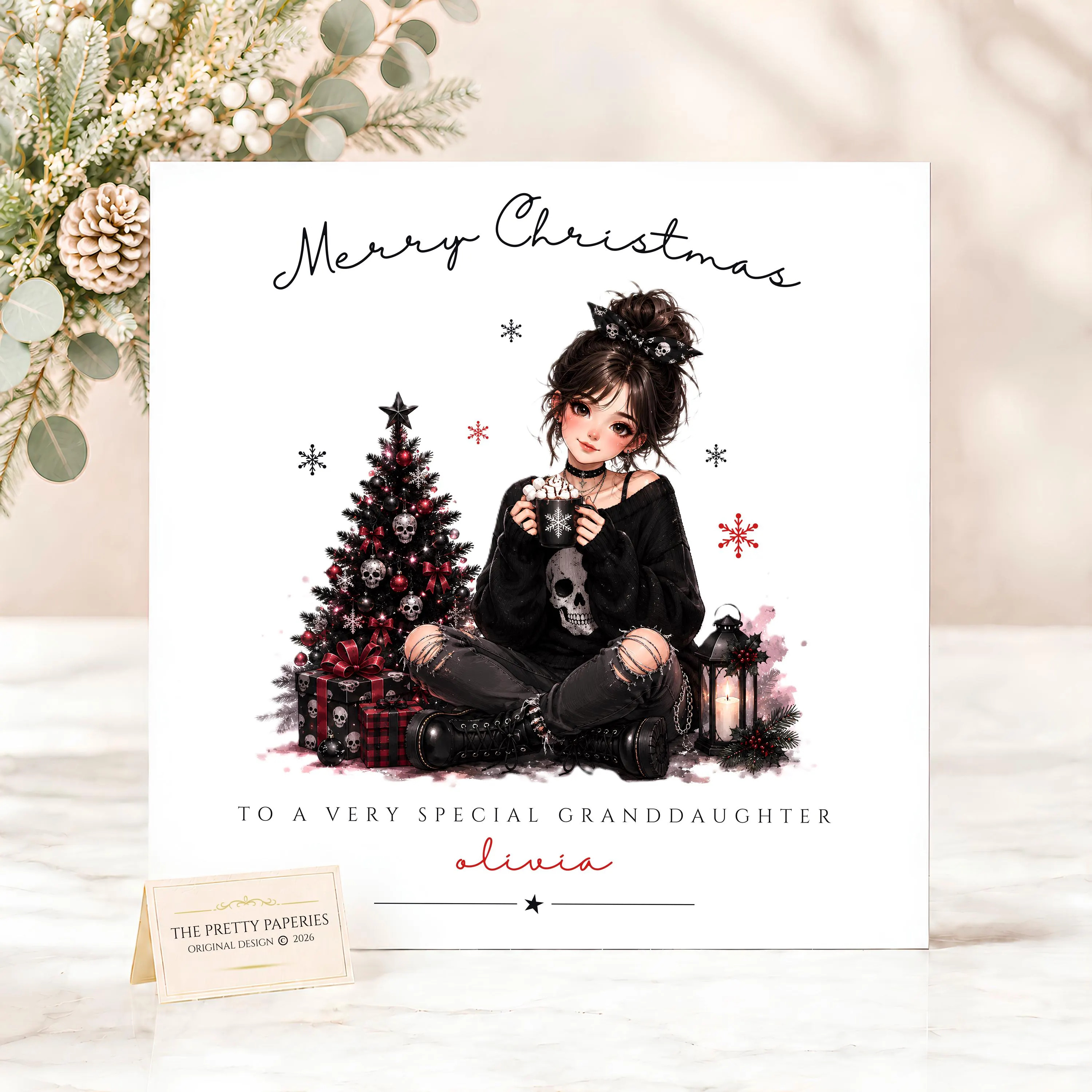 Personalised Gothic Christmas Card for Granddaughter Daughter Sister, Alternative Teen Girl Xmas Card, Goth Emo Rock Chick Christmas Card