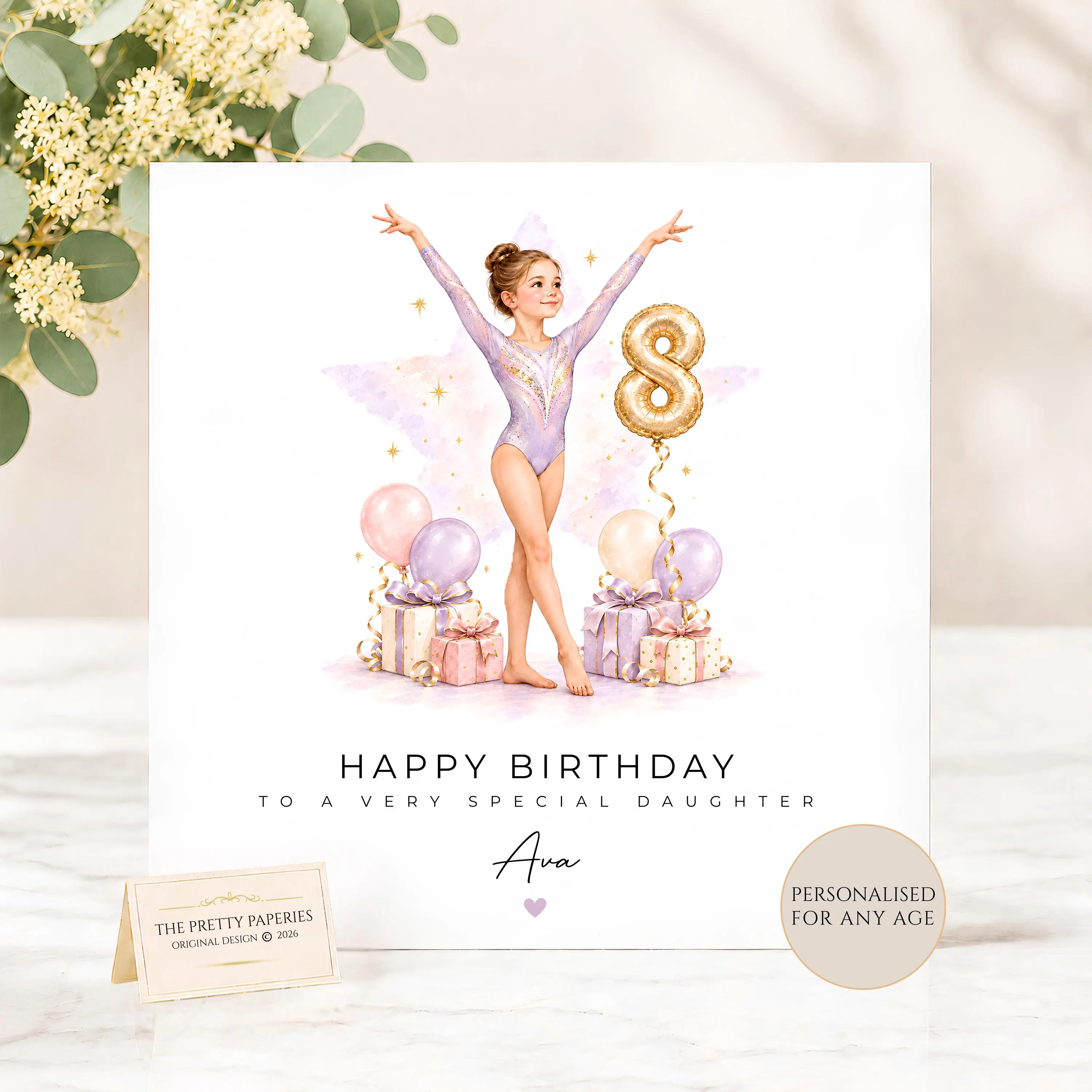 Personalised Gymnastics 8th Birthday Card, Girls 7th 8th 9th Birthday Gymnast Card, Age 8 Gymnast Card for Daughter Granddaughter Niece