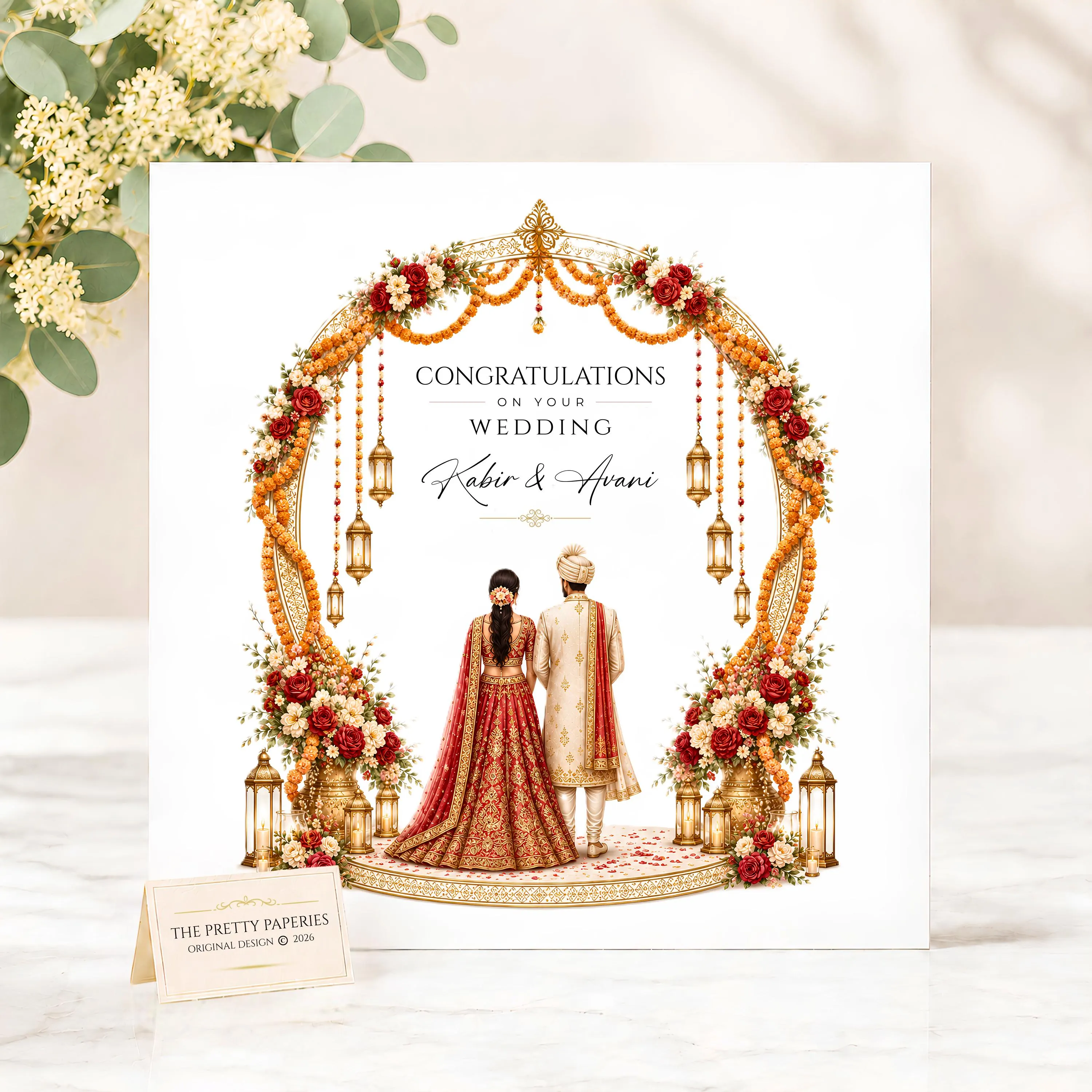 Personalised Indian Wedding Card, Red Bride and Groom Card, Custom Couple Names, Marigold Asian Wedding Congratulations Card
