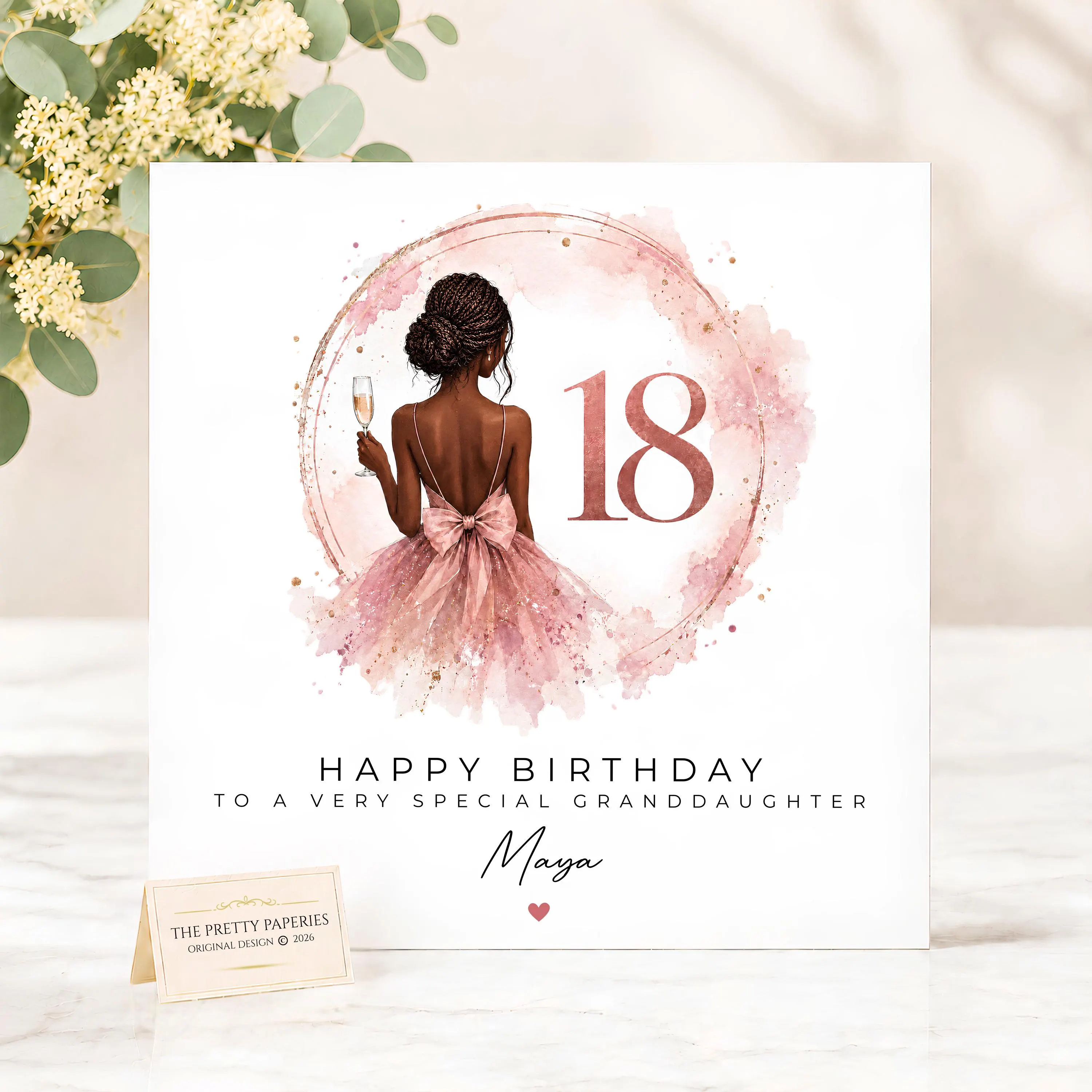 Personalised Black Girl 18th Birthday Card, Elegant Pink Dress 18th Birthday Card, Custom Name 18th Birthday Card for Her
