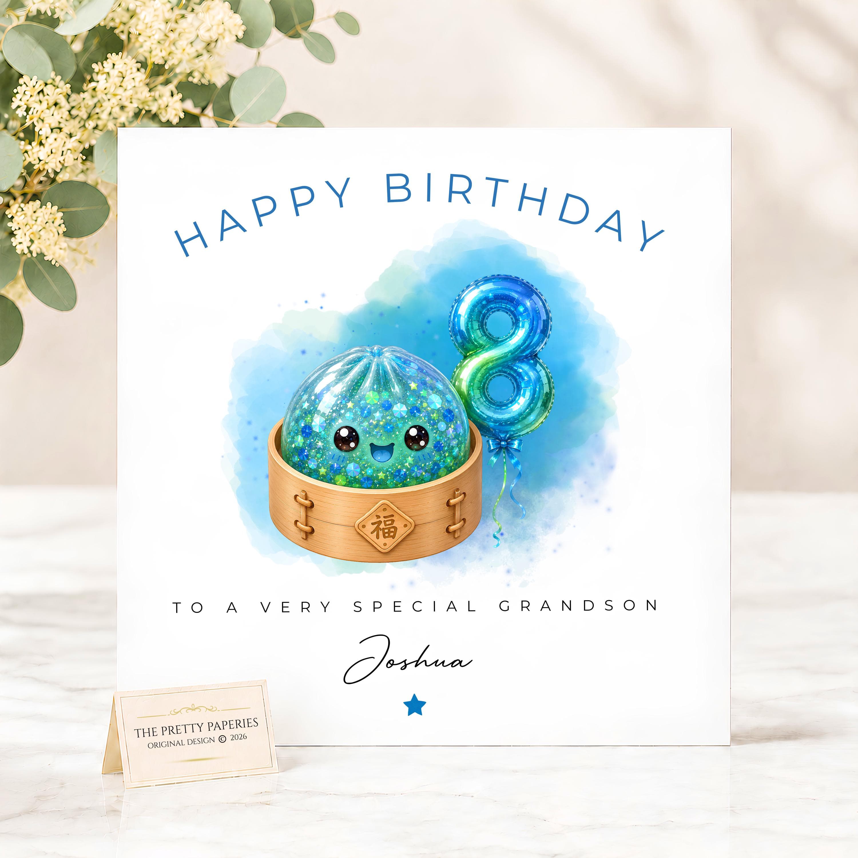 Personalised 8th Birthday Squishy Card for Son Grandson Brother Nephew, Blue Dumpling Squishy Birthday Card, Squishy Birthday Card