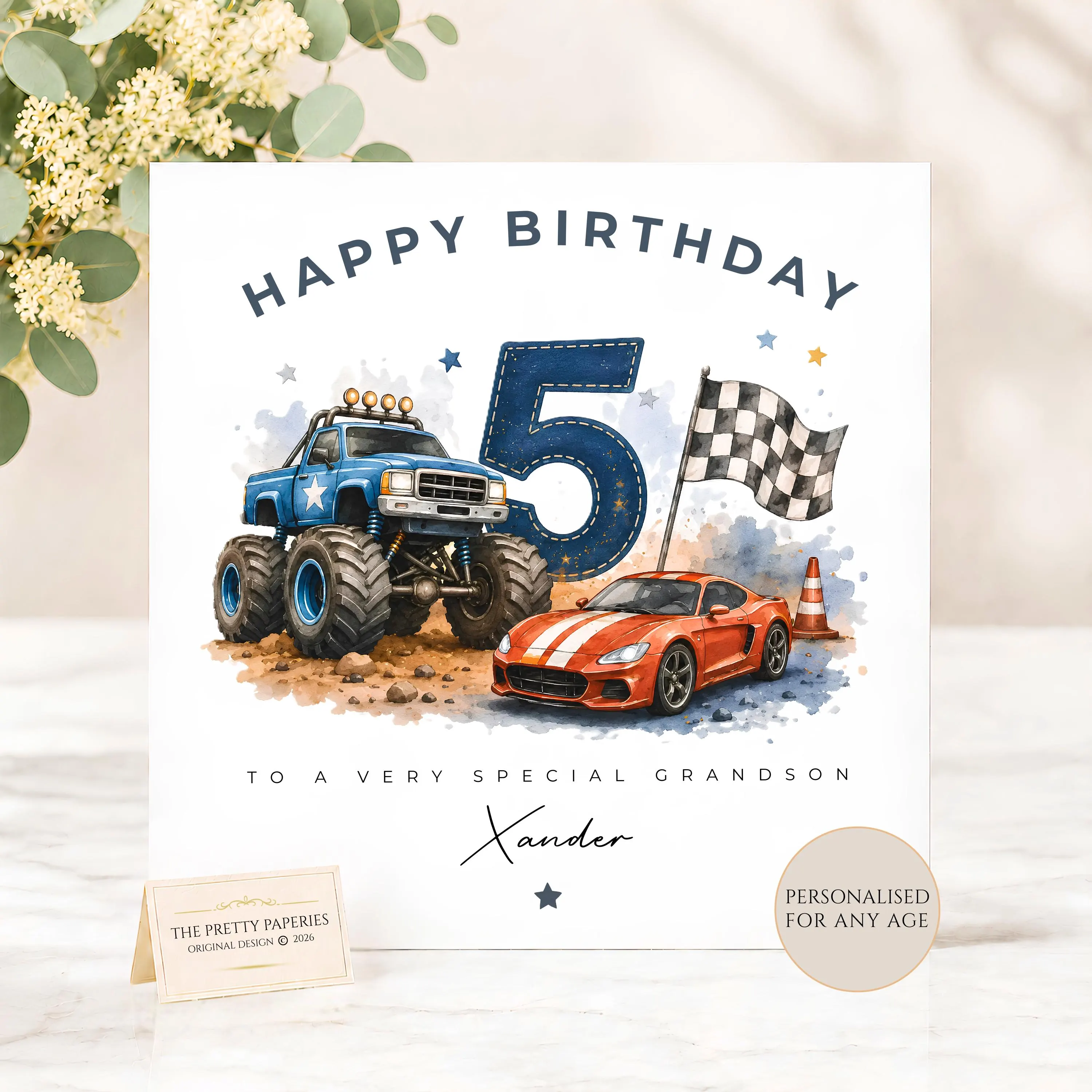 Personalised 5th Birthday Card for Boys, Monster Truck & Racing Car Age 5 Card for Son, Custom Name 5th Birthday Card for Grandson Nephew