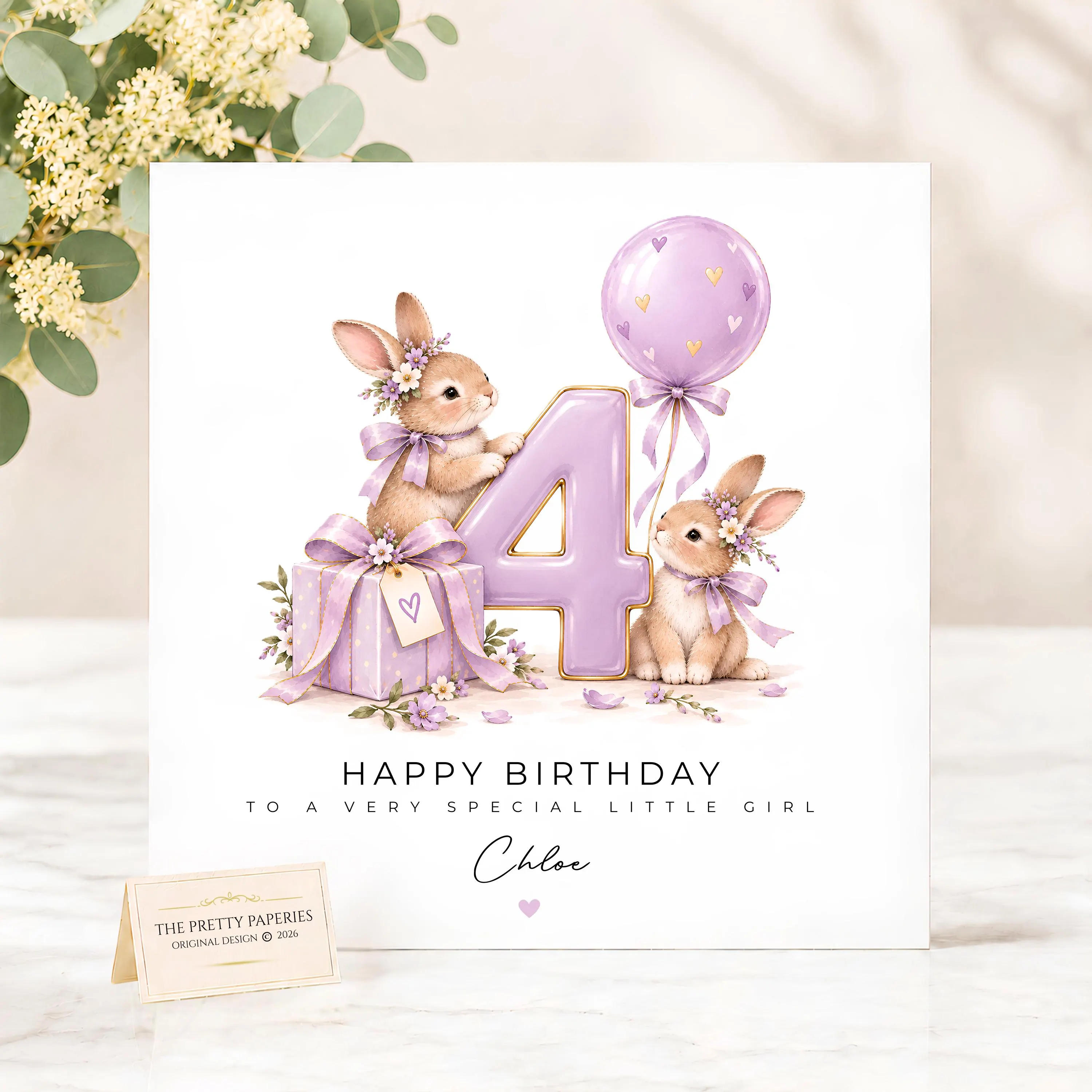 Personalised 4th Birthday Card for Girl, Cute Bunny Rabbit Birthday Card, Age 4 Purple Birthday Card for Niece Daughter Granddaughter