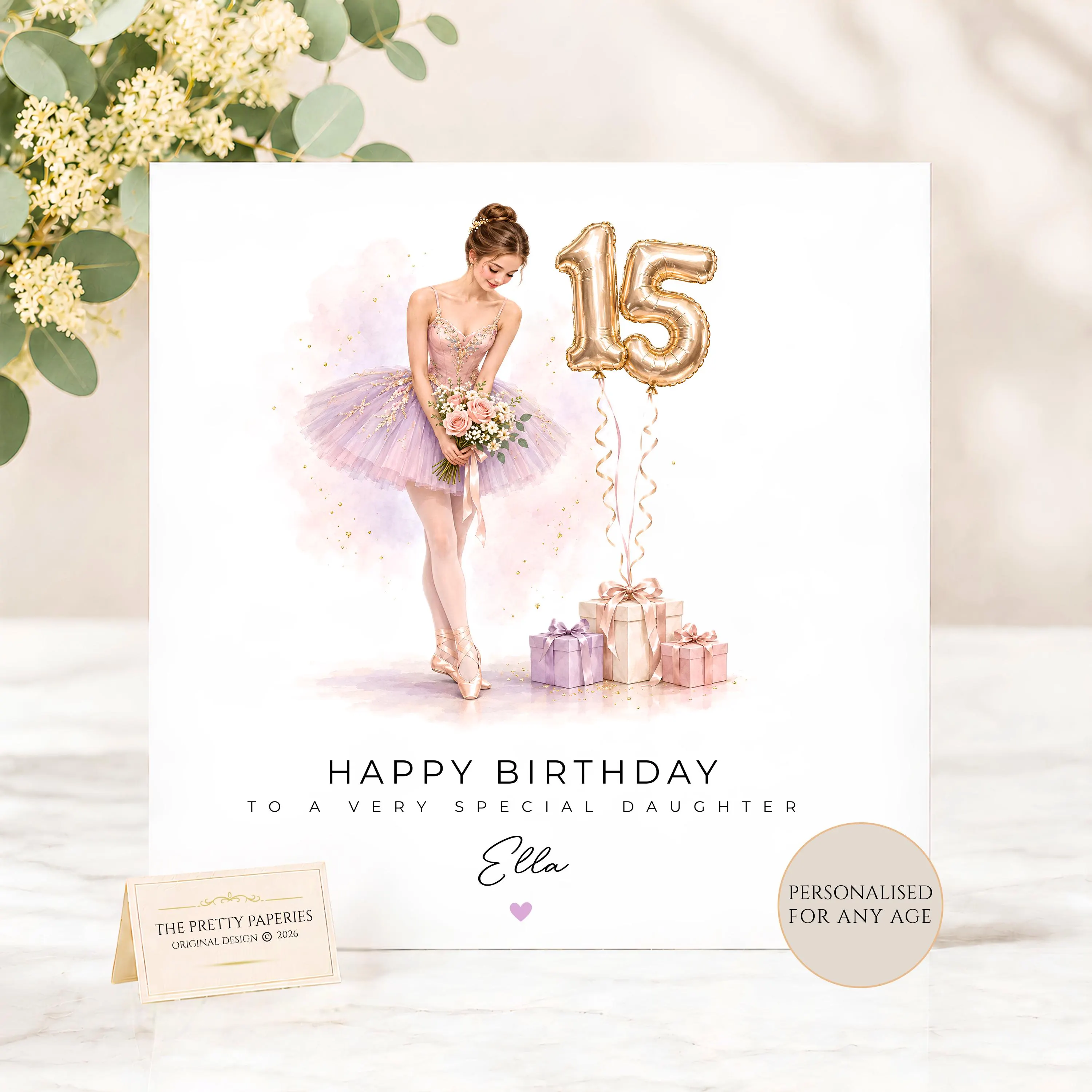 Personalised Ballerina 15th Birthday Card, Girls 16th 17th 19th 14th Ballet Card, Age 16 Ballet Card for Daughter Granddaughter Niece