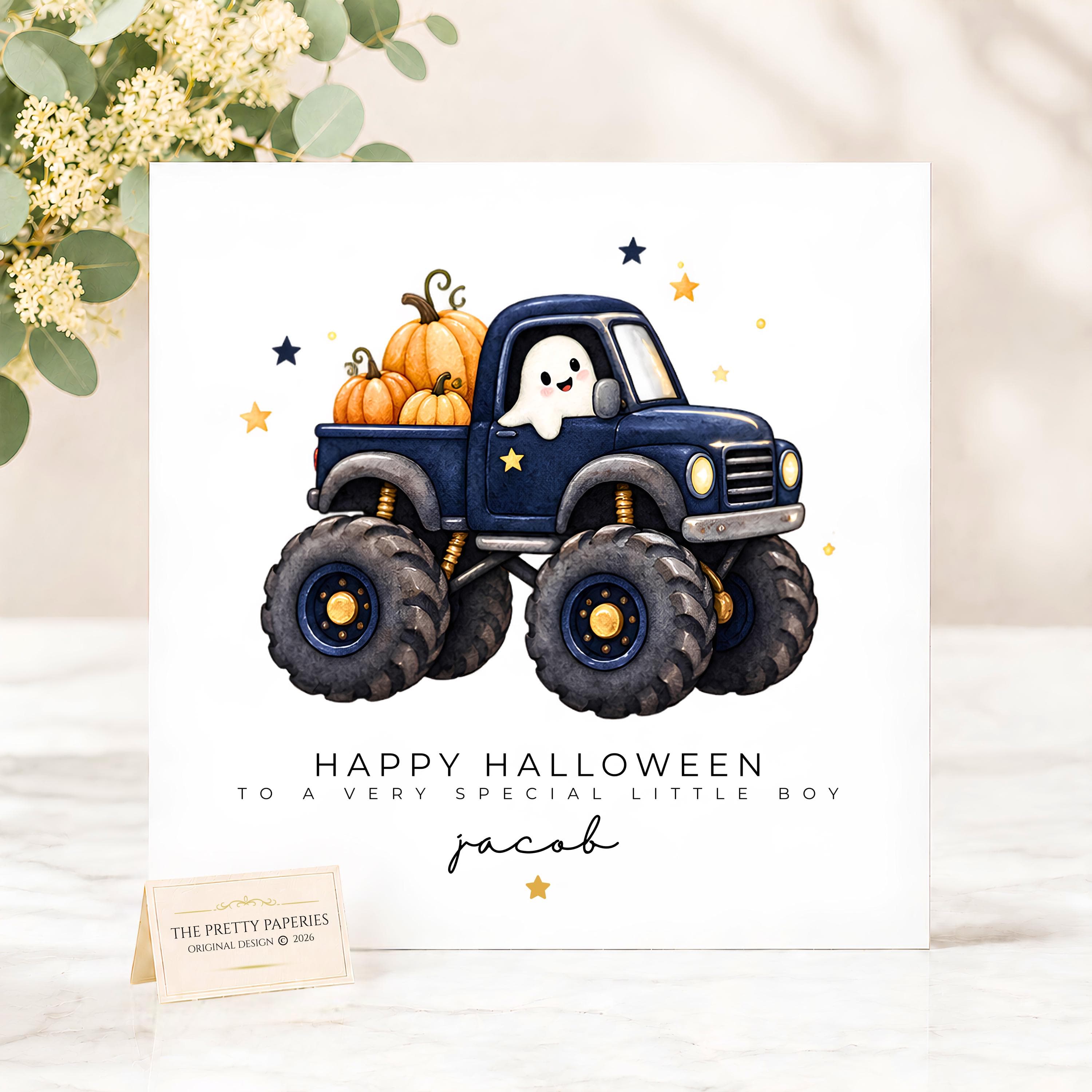 Personalised Halloween Card for Boy, Happy Halloween Card for Son Grandson Nephew, Cute Monster Pumpkin Card, Kids Halloween Card