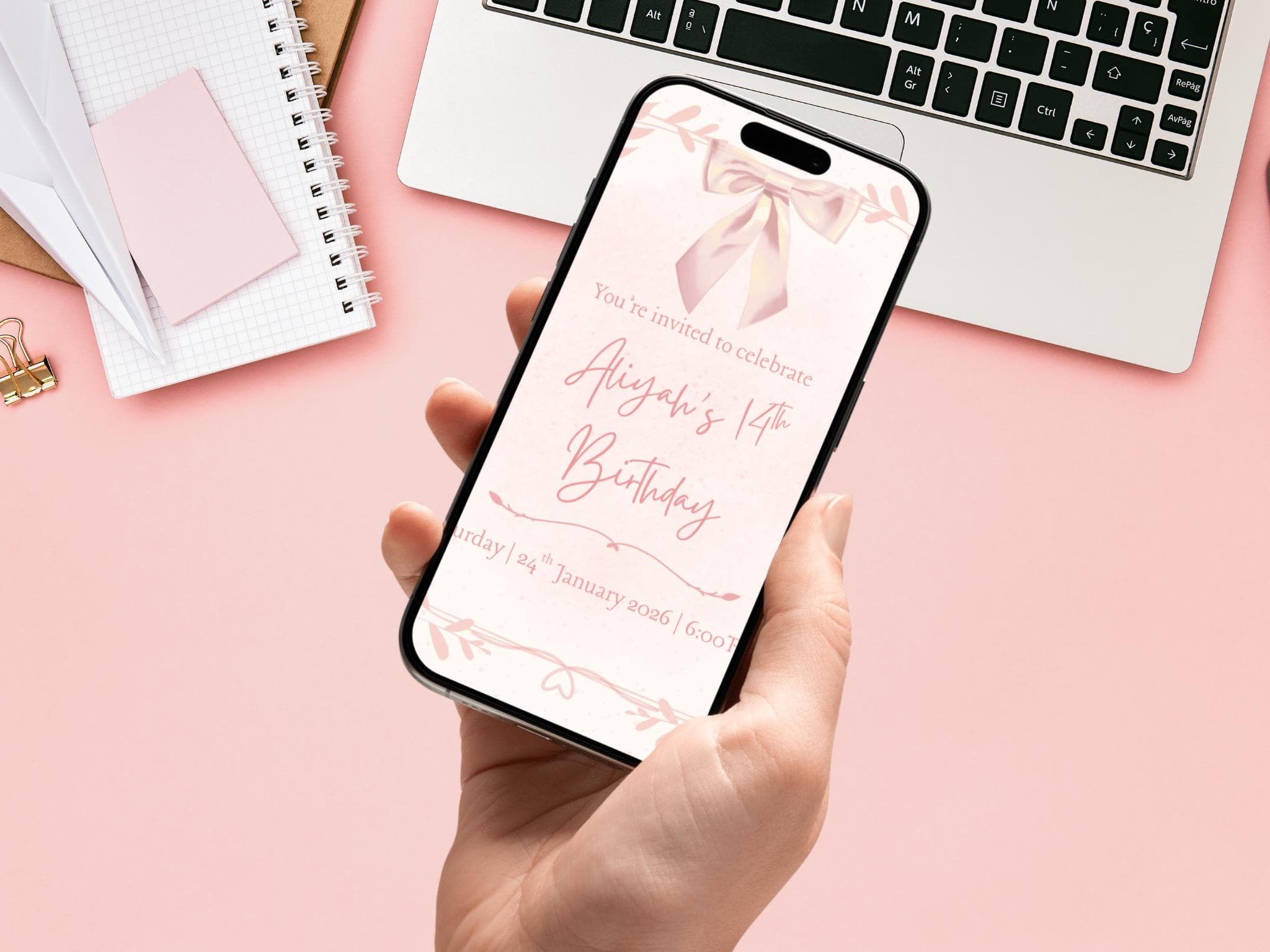 Girl’s birthday invite with a pink ribbon theme, birthday celebration, Editable Canva Template (Digital Download) - image 5