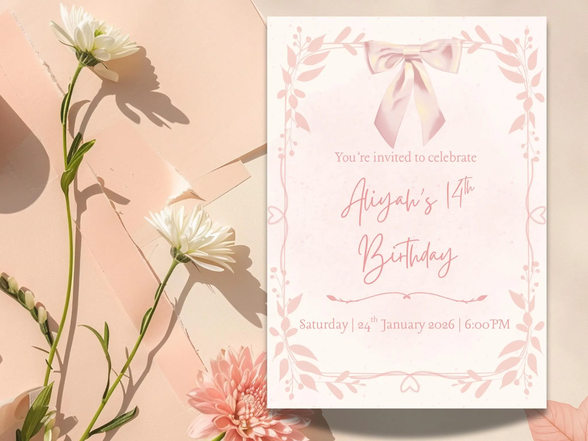 Girl’s birthday invite with a pink ribbon theme, birthday celebration, Editable Canva Template (Digital Download) - image 4