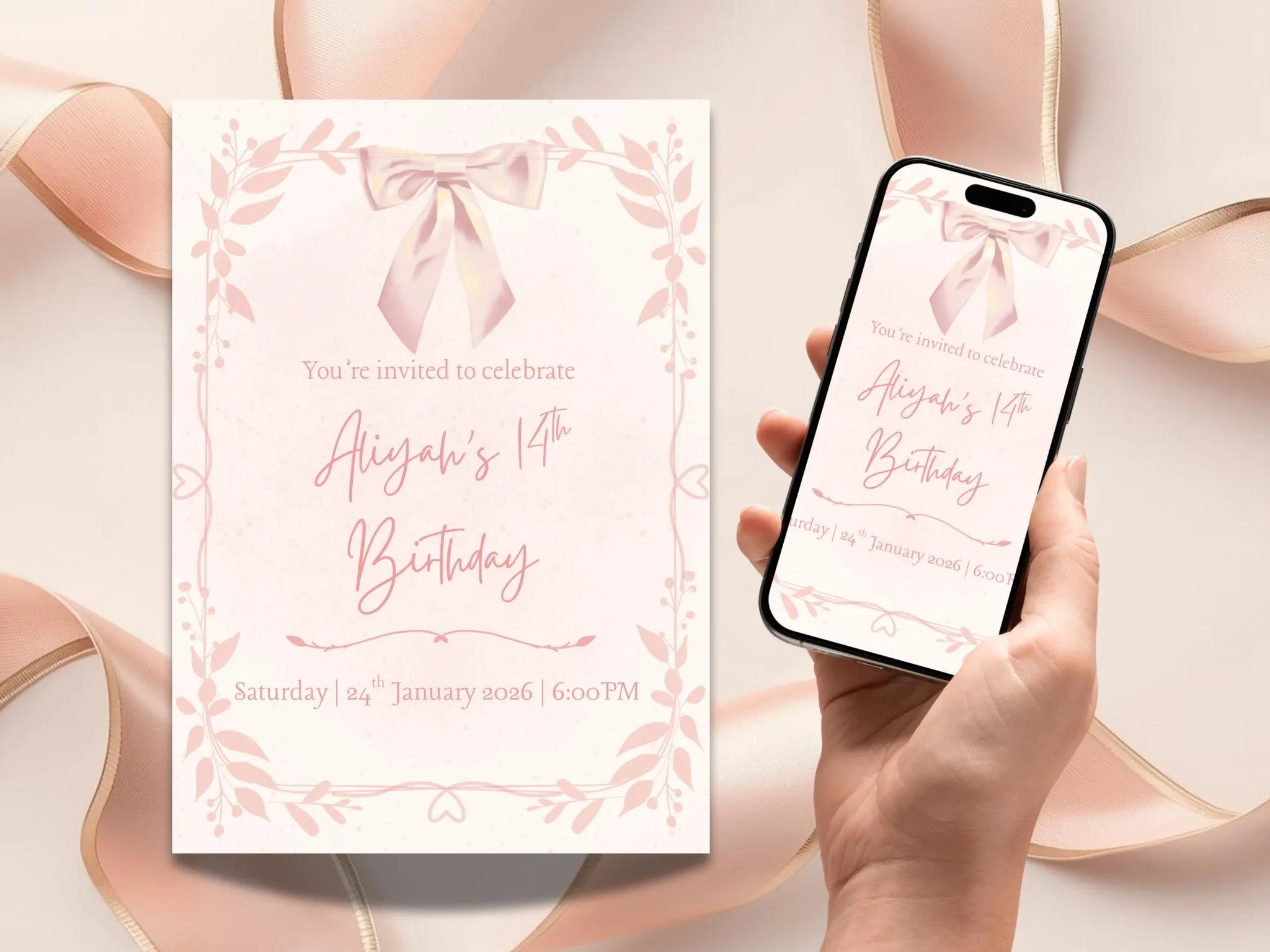 Girl’s birthday invite with a pink ribbon theme, birthday celebration, Editable Canva Template (Digital Download) - image 3