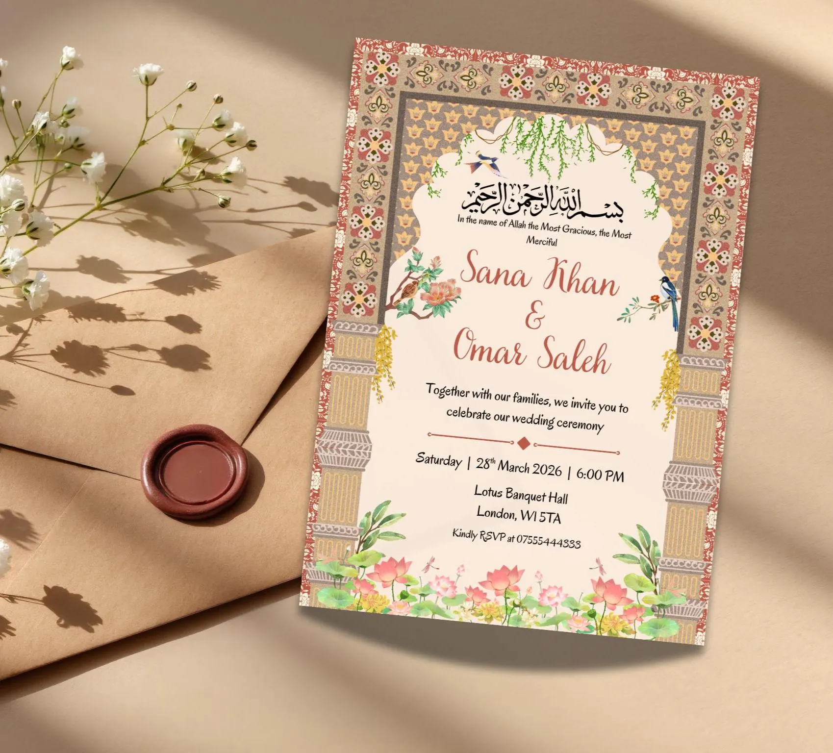 Mughal Wedding Invitation Template, Islamic Nikkah Invite (Digital Download, Canva Editable, 5x7 inches) - image 3