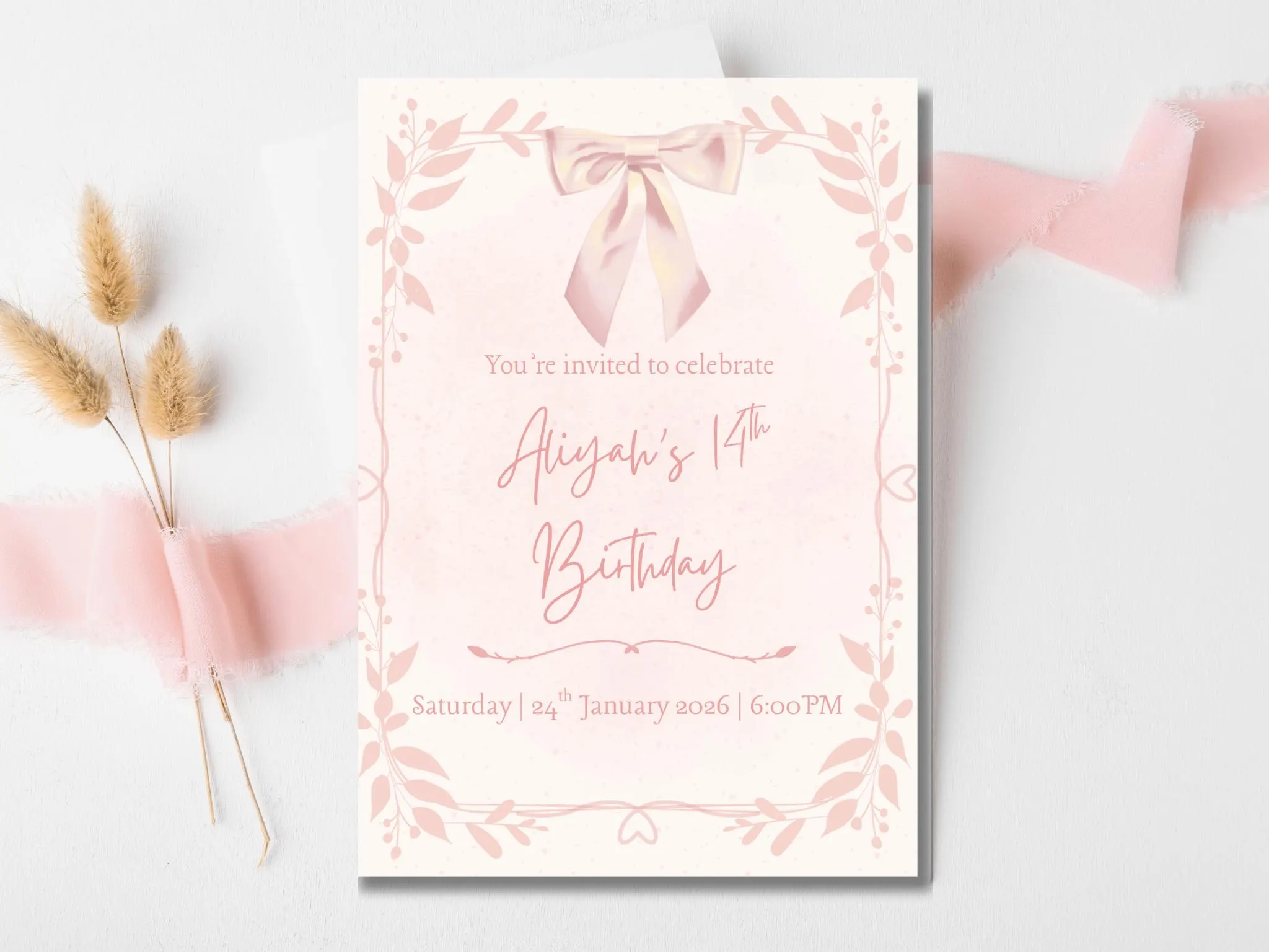 Girl’s birthday invite with a pink ribbon theme, birthday celebration, Editable Canva Template (Digital Download)