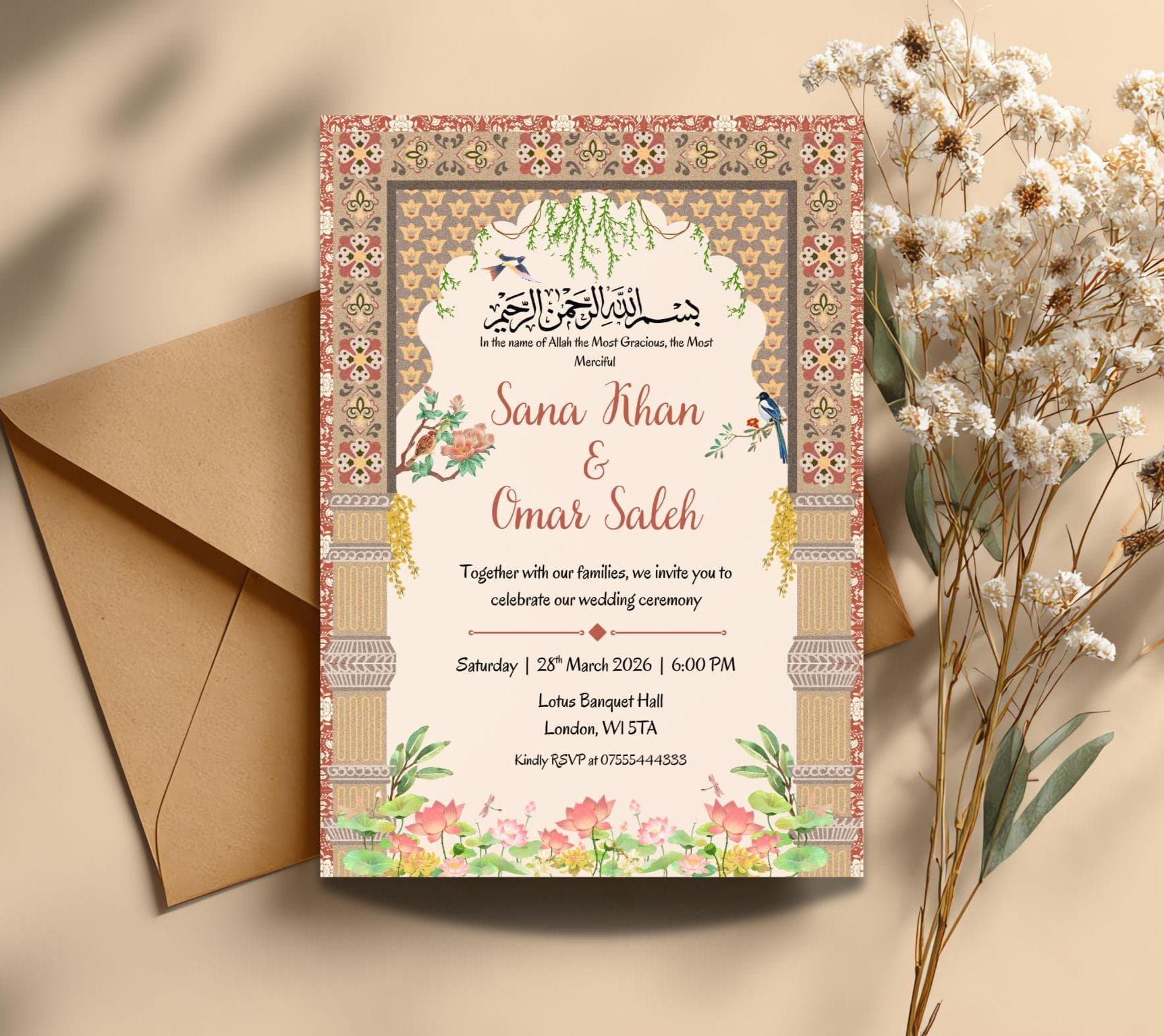Mughal Wedding Invitation Template, Islamic Nikkah Invite (Digital Download, Canva Editable, 5x7 inches)